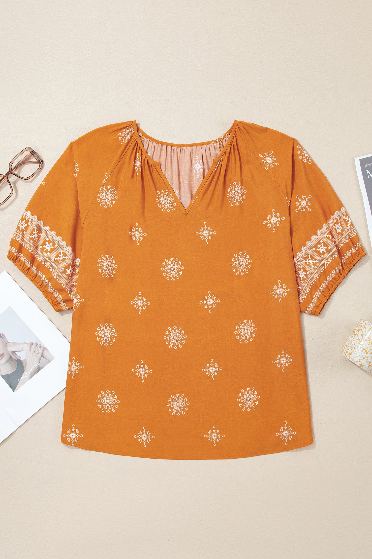 Plus Size Yellow Boho Chic V-Neck Floral Short Sleeve Top