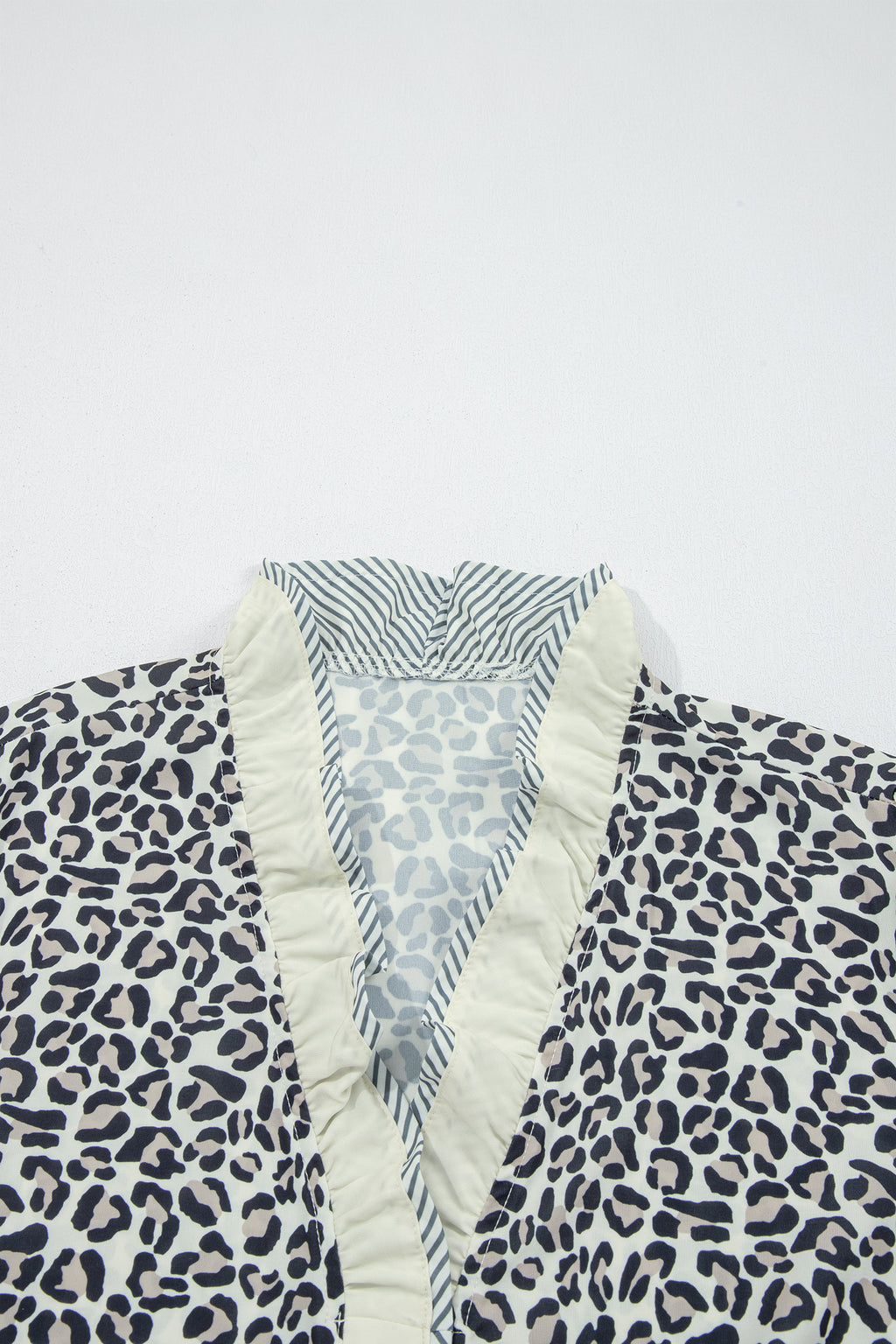 Plus Size Black Frilled V-Neck Short Sleeve Blouse With Leopard Print & Striped Color Block Trim