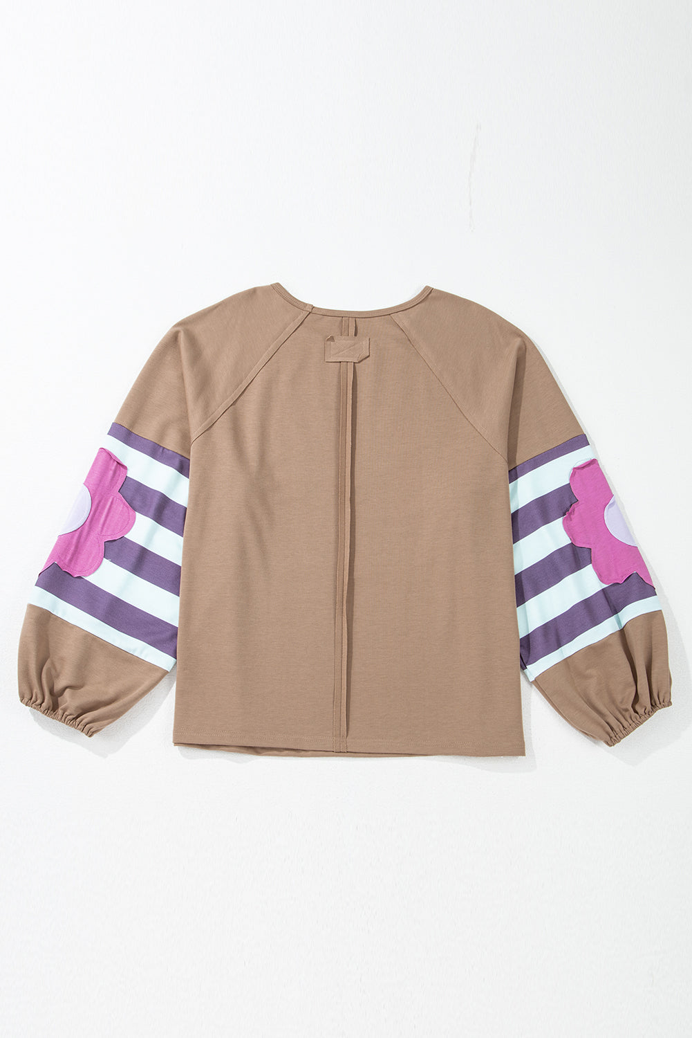 Plus Size Beige Flower Striped Patchwork & Puff Sleeve Loose Fit Sweatshirt