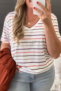 Plus Size White Stripe V-Neck Casual Tee