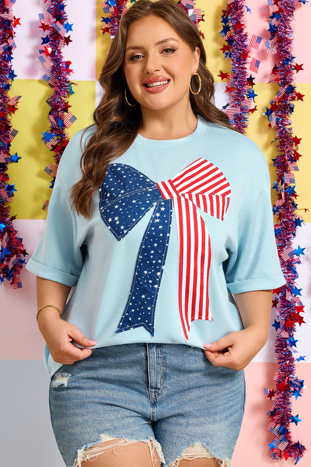 Plus Size Blue Patriotic Patchwork Bow Graphic Tee