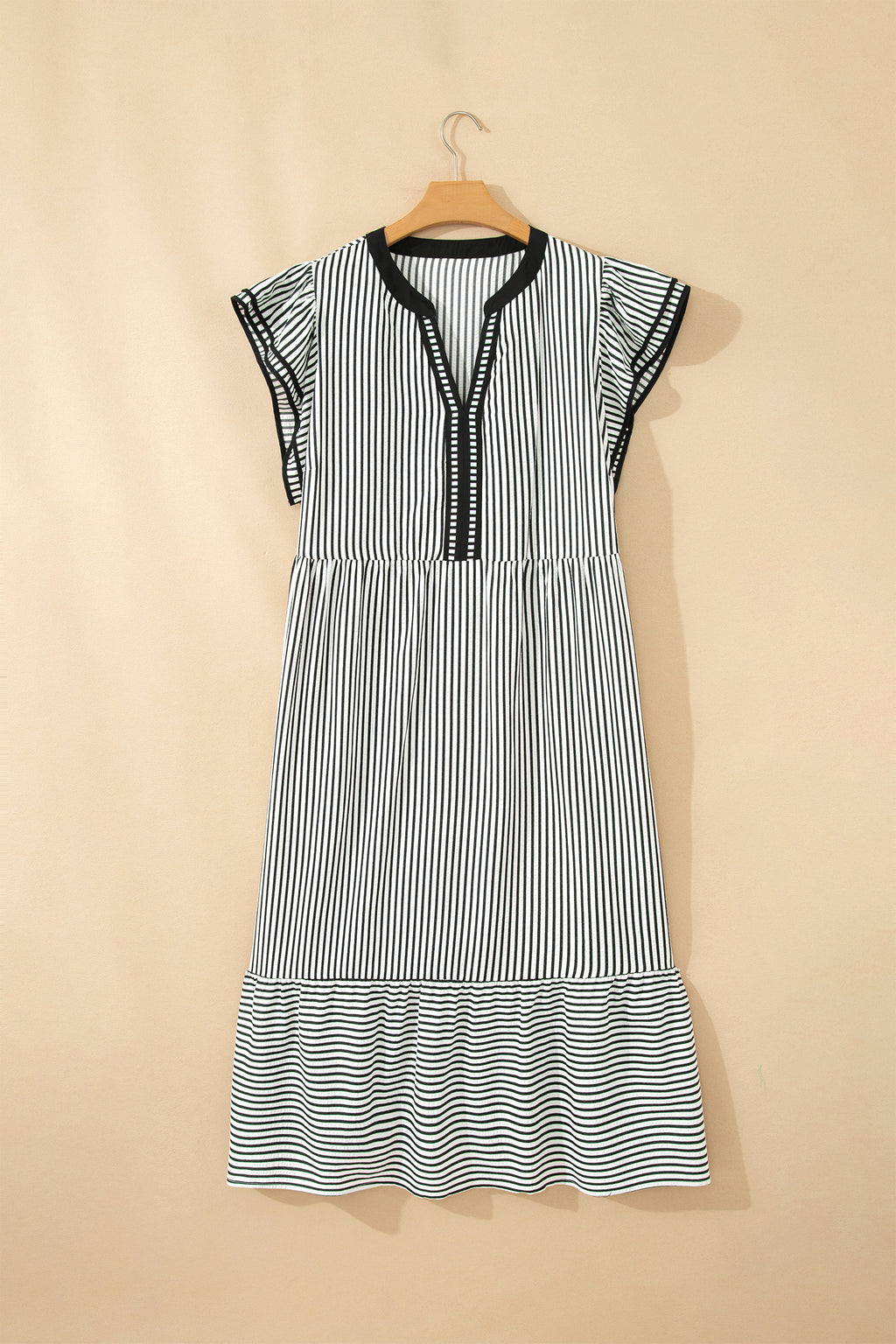 Plus Size Black Stripe Slit V-Neck Tiered Maxi Dress With Flutter Sleeves