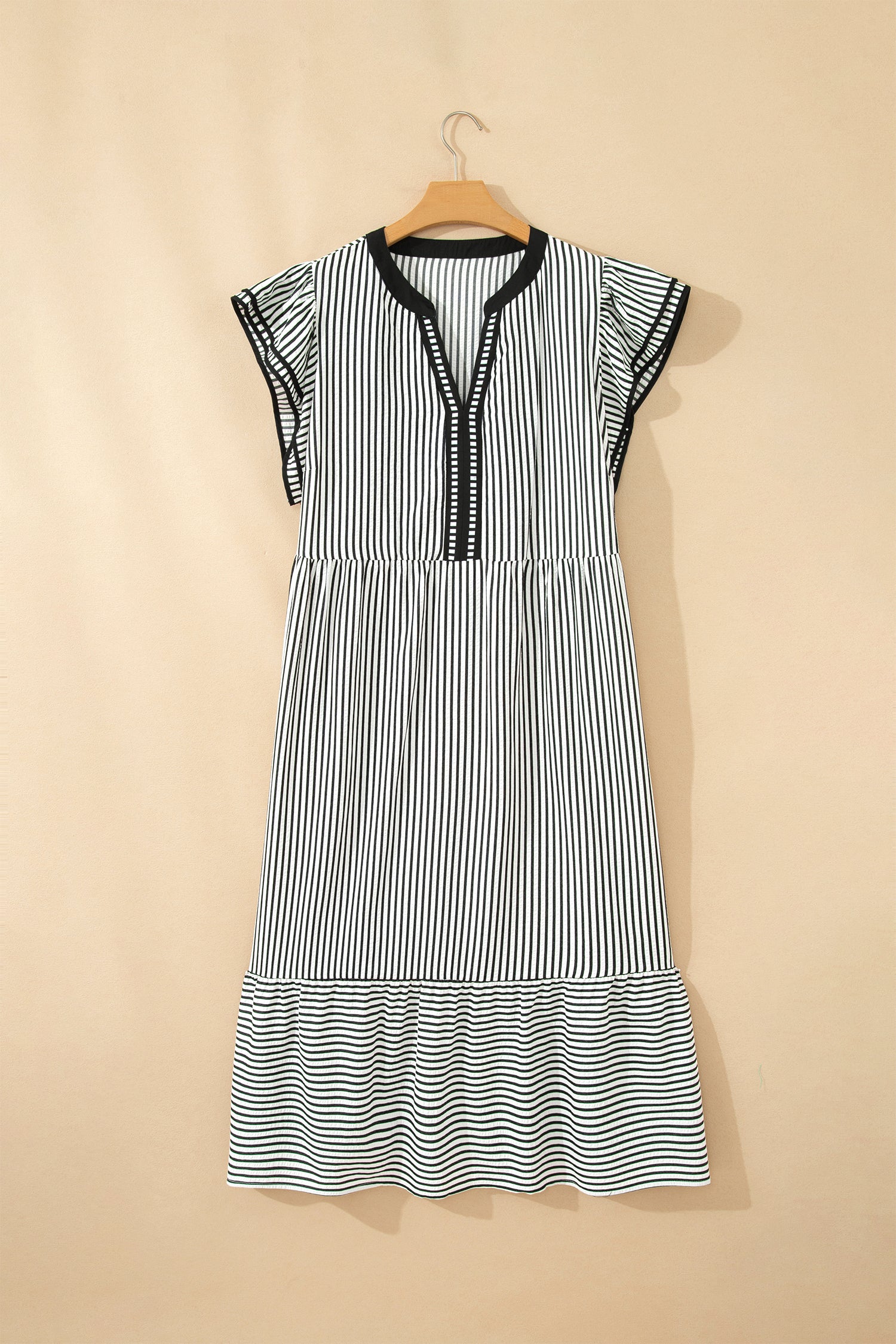 Plus Size Black Stripe Slit V-Neck Tiered Maxi Dress With Flutter Sleeves