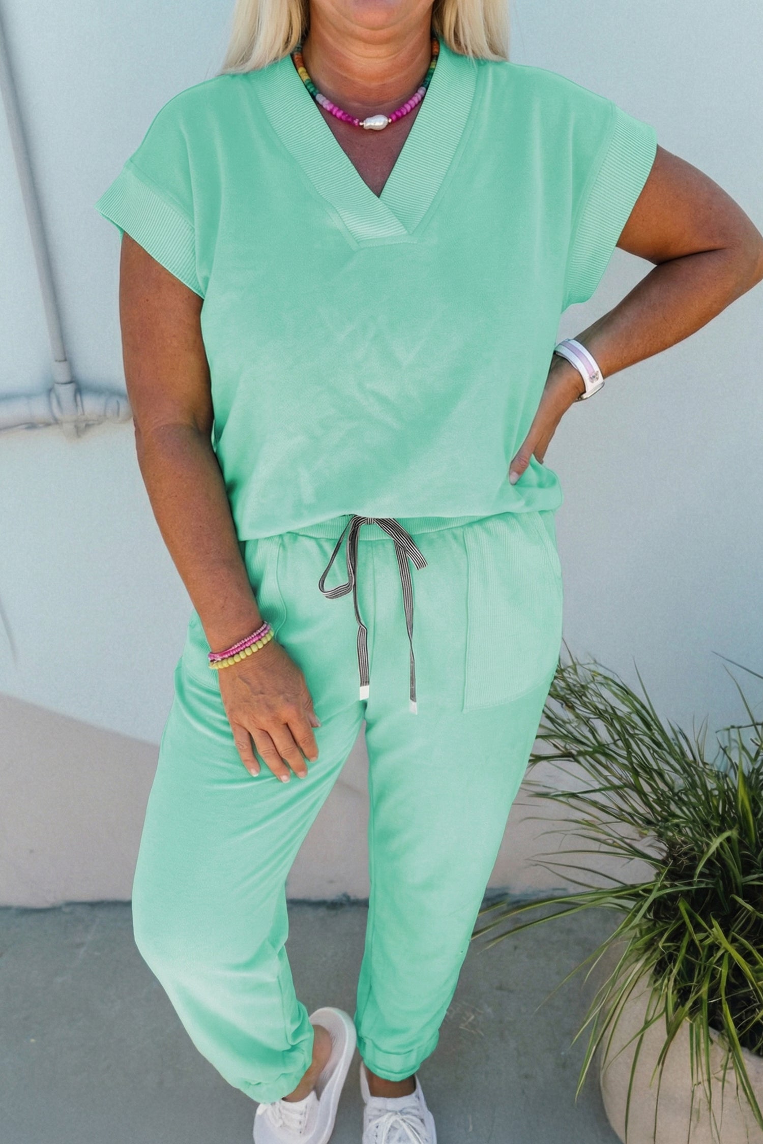 Plus Size Mint Green V-Neck Tee & Drawstring Pants Set