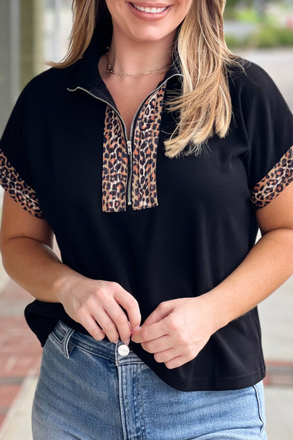 Plus Size Black Leopard Patchwork Half Zip Short Sleeve Top