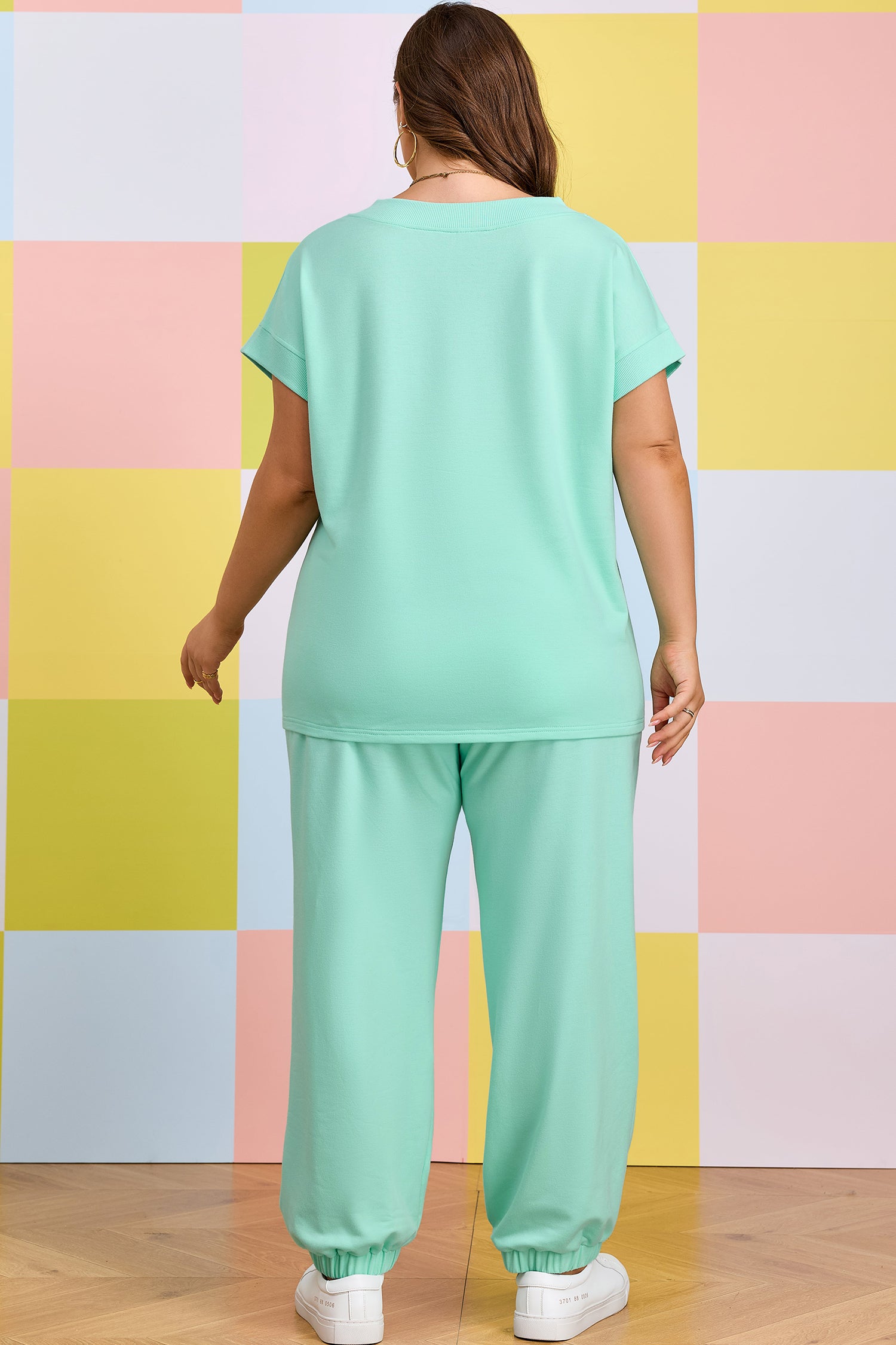 Plus Size Mint Green V-Neck Tee & Drawstring Pants Set