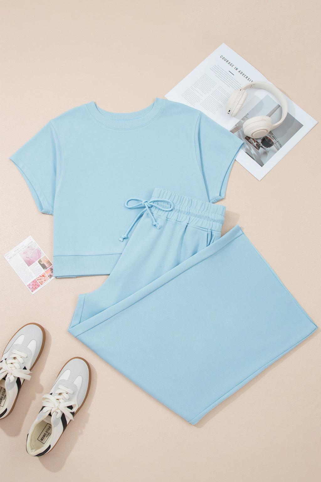 Plus Size Mist Blue Ribbed Trim Short Sleeve Top & Drawstring Pants 2pcs Outfit