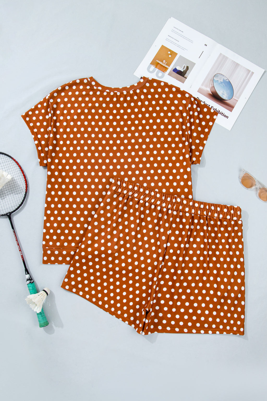 Plus Size 2pc Brown Polka Dot Print Dropped Shoulder Tee & Shorts Set