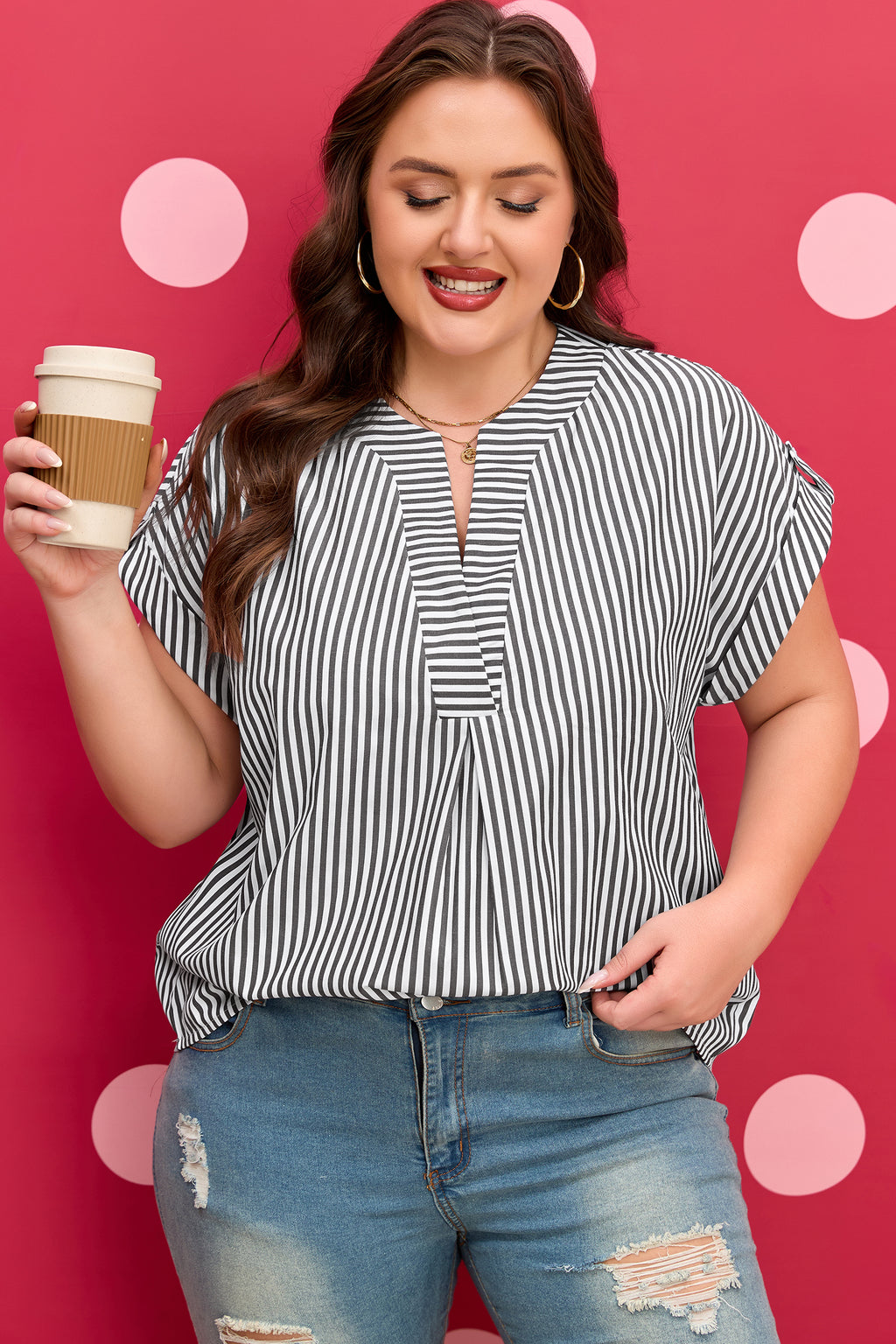 Plus Size Black Stripe Short Dolman Sleeve V Neck Roll-tab Blouse