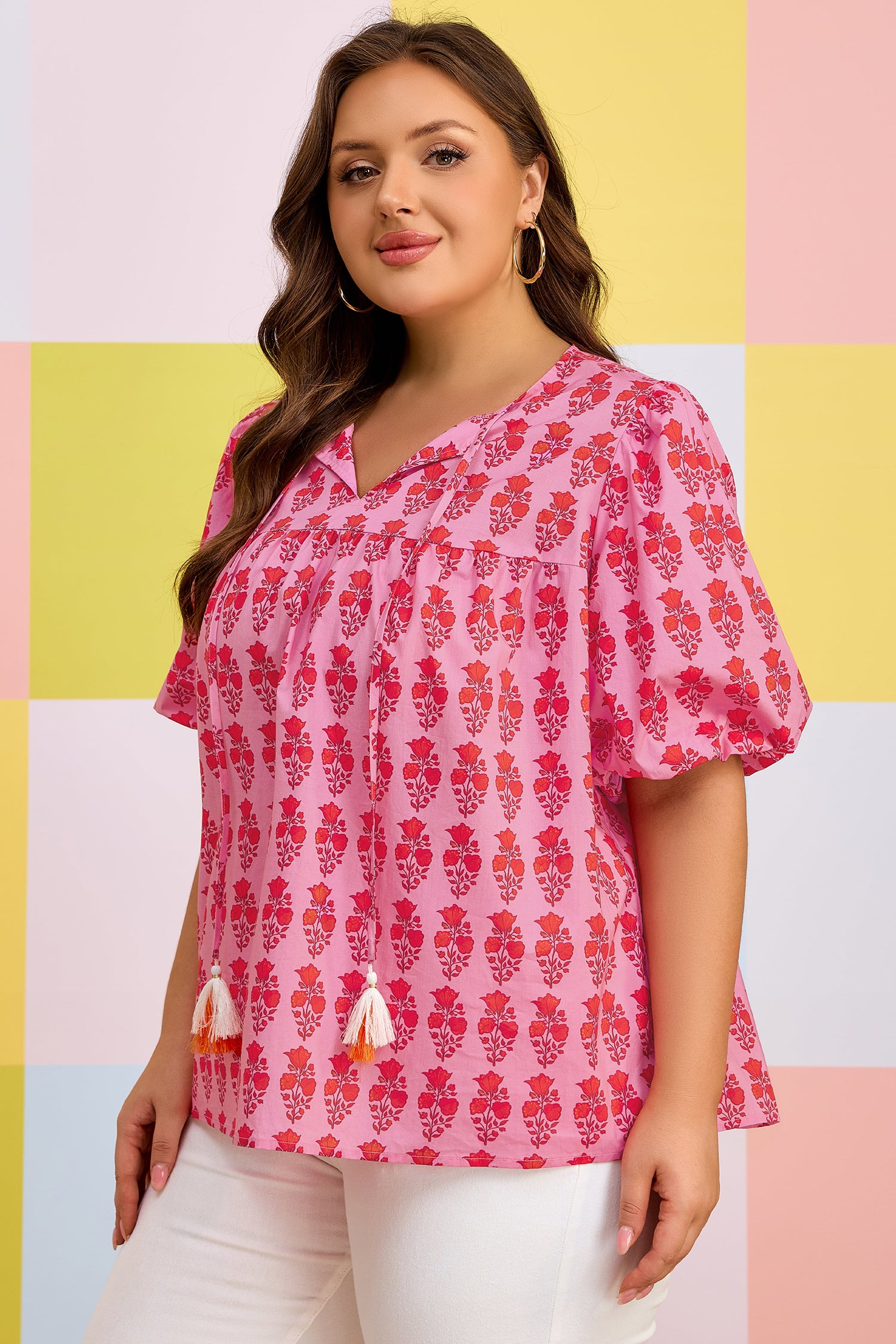 Plus size Pink Floral Print Cotton Blouse with Tassel Tie & Puff Sleeves