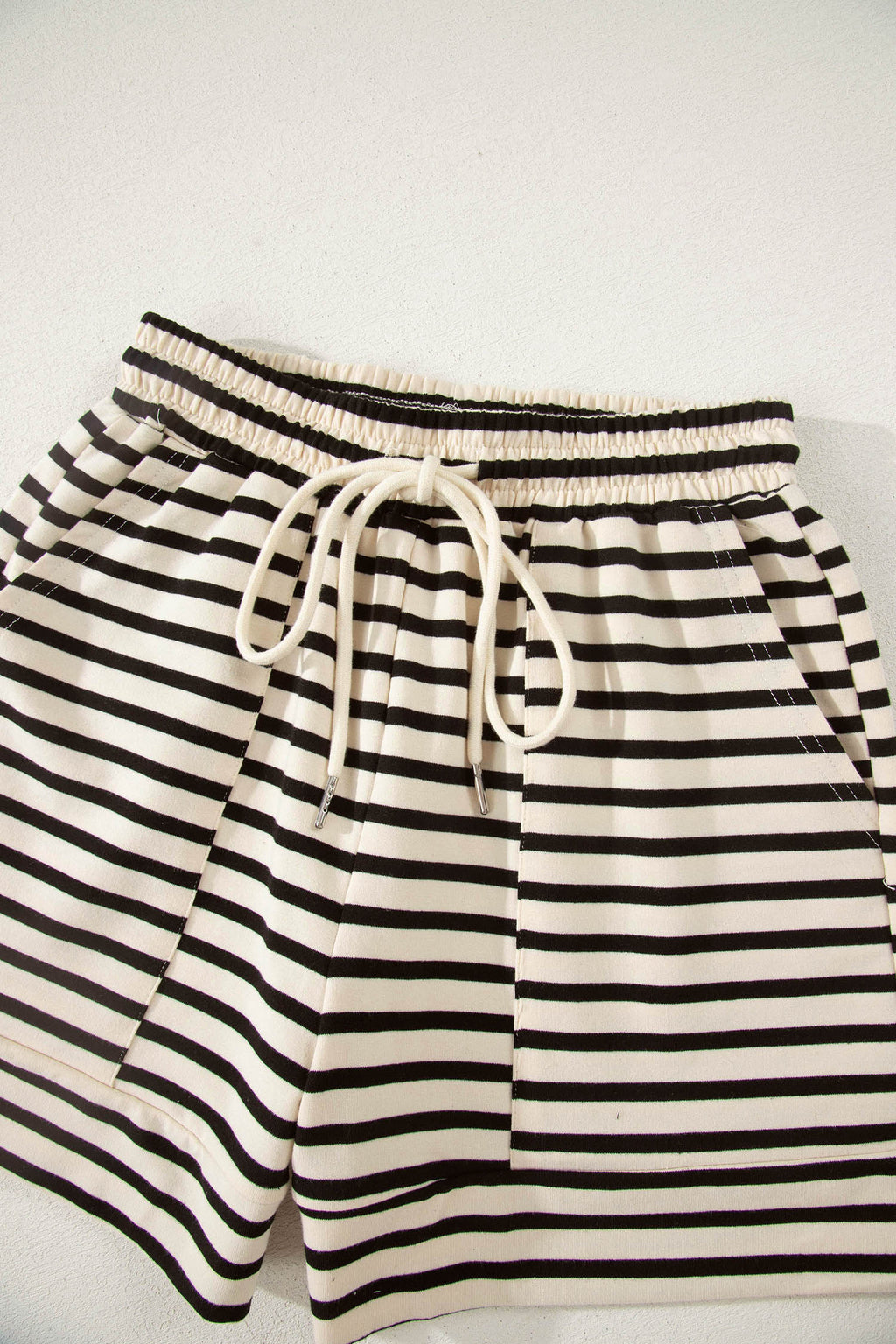 Black Stripe Ribbed With Color Block Trim Zip Polo Tee & Drawstring Shorts 2pcs Outfit