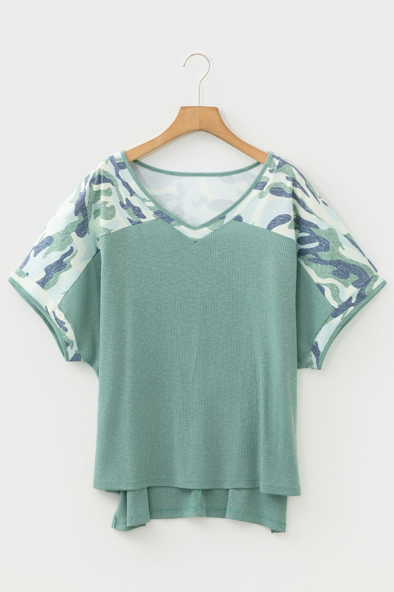Plus Size Mist Green Ribbed With Camouflage Patchwork V-Neck Tee
