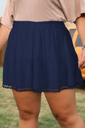 Plus Size Navy Blue Frilled Elastic Waist Lace Trim Ruffled Shorts
