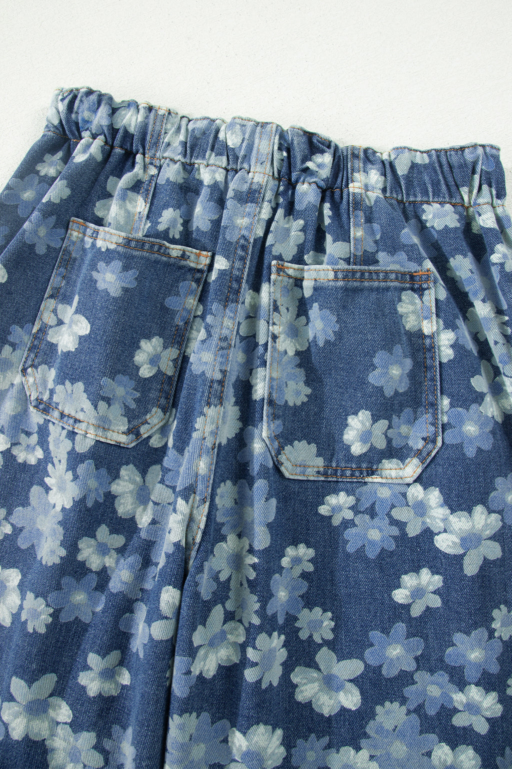 Sky Blue Dainty Floral Print Drawstring Barrel Jeans