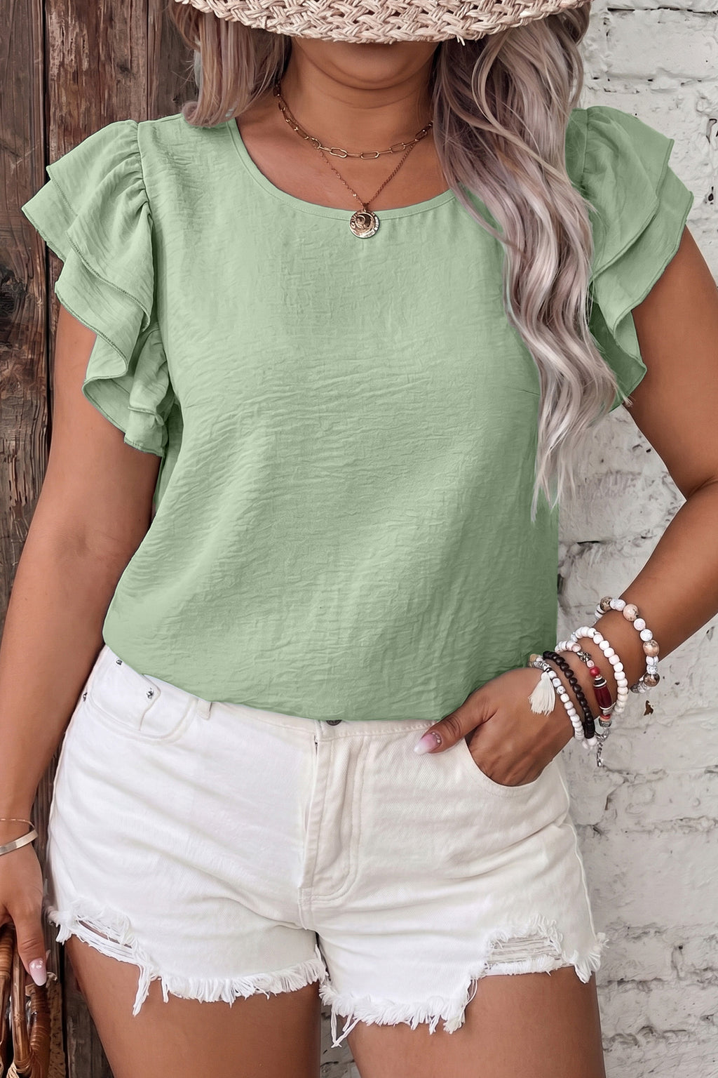 Plus Size Clearly Aqua Crew Neck Ruffle Sleeve Top