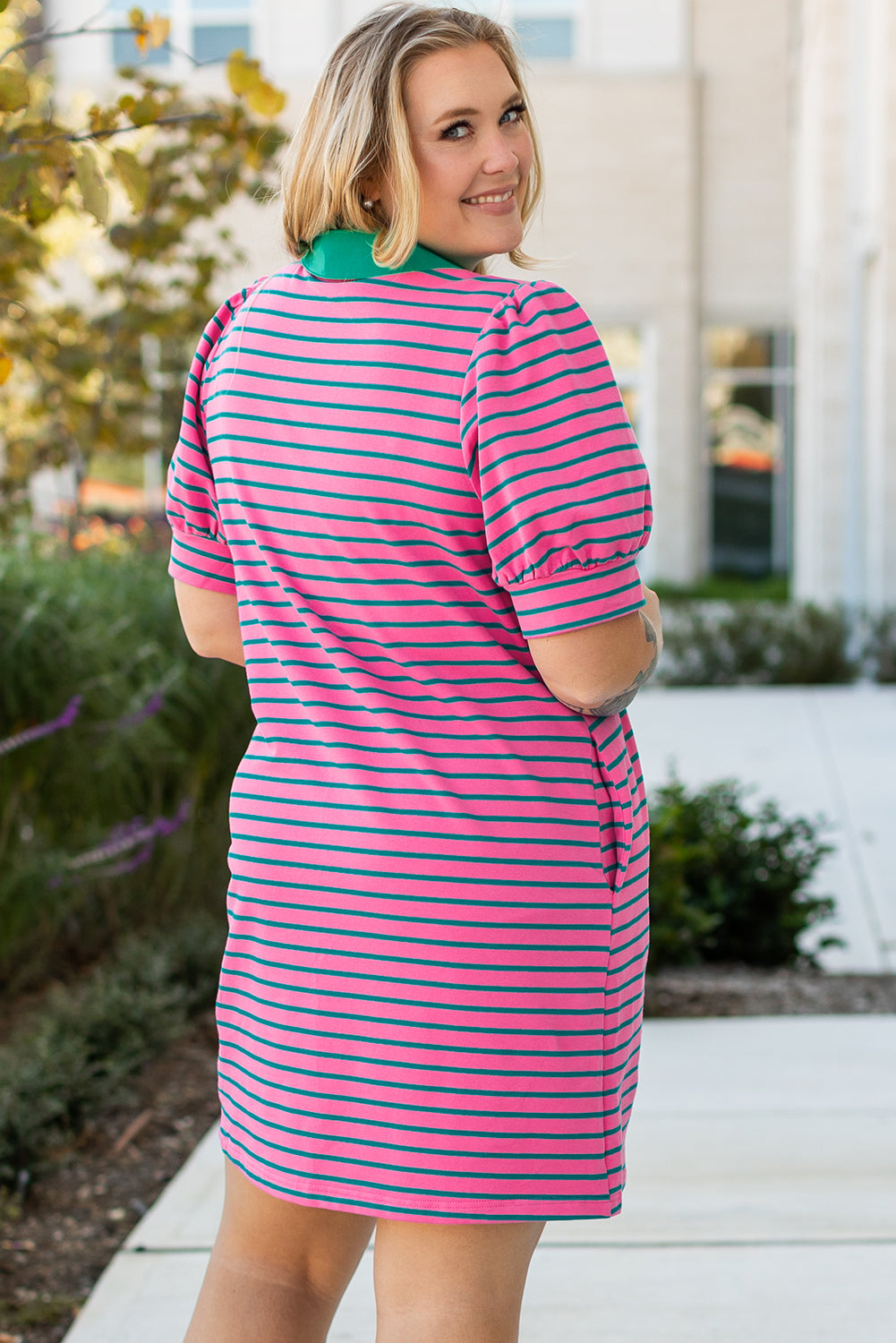 Plus Size Rose Stripe Collared      V-Neck T-Shirt Dress with Puff Sleeves & Pockets