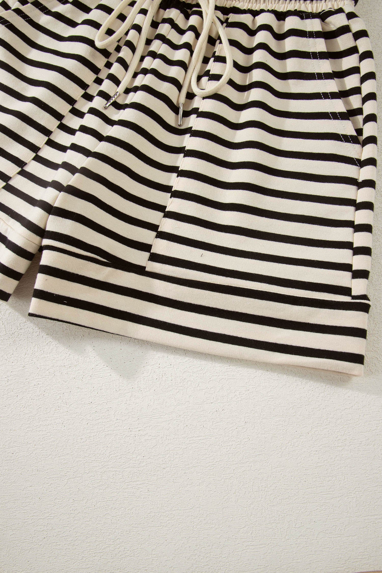 Black Stripe Ribbed With Color Block Trim Zip Polo Tee & Drawstring Shorts 2pcs Outfit