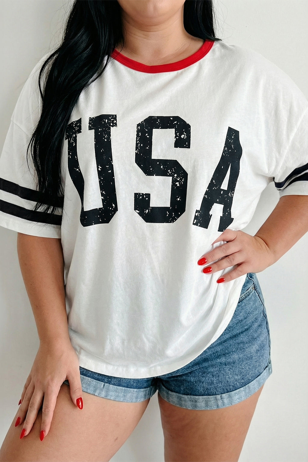 Plus Size White Retro USA Striped Trim Short Sleeve Tee