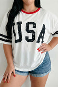 Plus Size White Retro USA Striped Trim Short Sleeve Tee