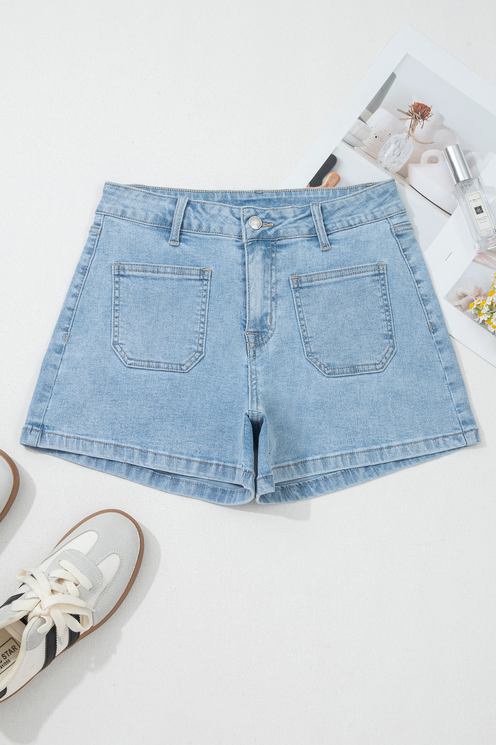 High Rise Patch Pocket Denim Shorts