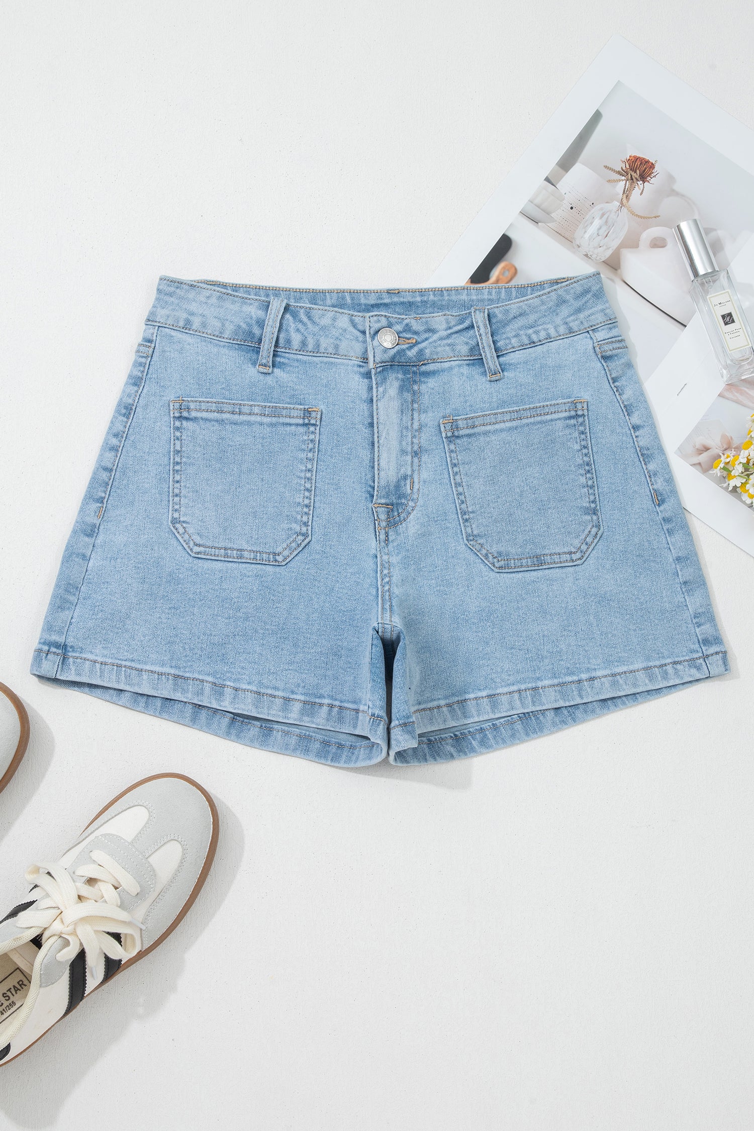 High Rise Patch Pocket Denim Shorts