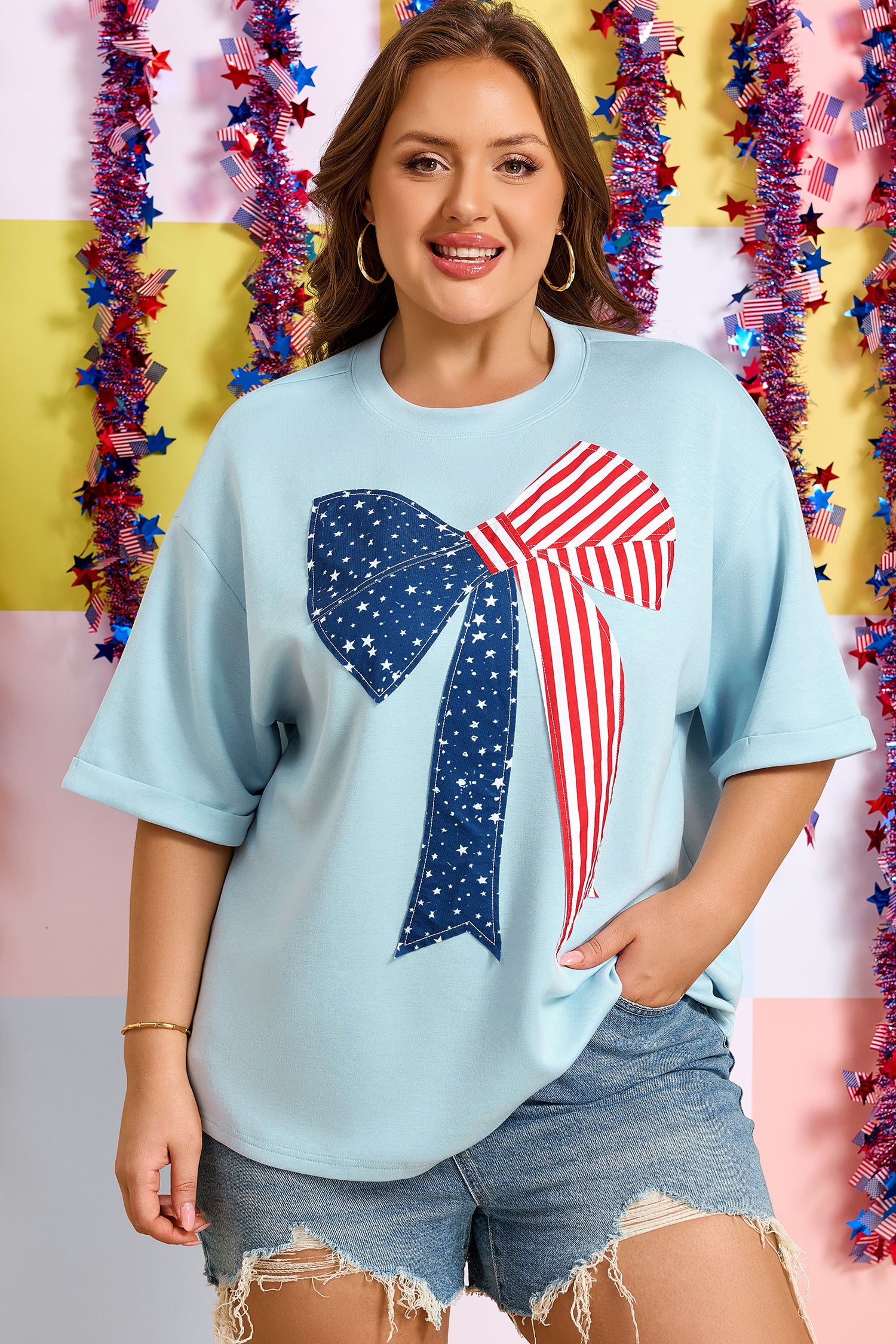 Plus Size Blue Patriotic Patchwork Bow Graphic Tee