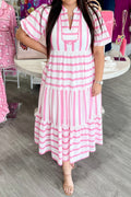 Plus Size Pink Stripe Tiered Maxi Dress With V Neck & Short Puff Sleeves
