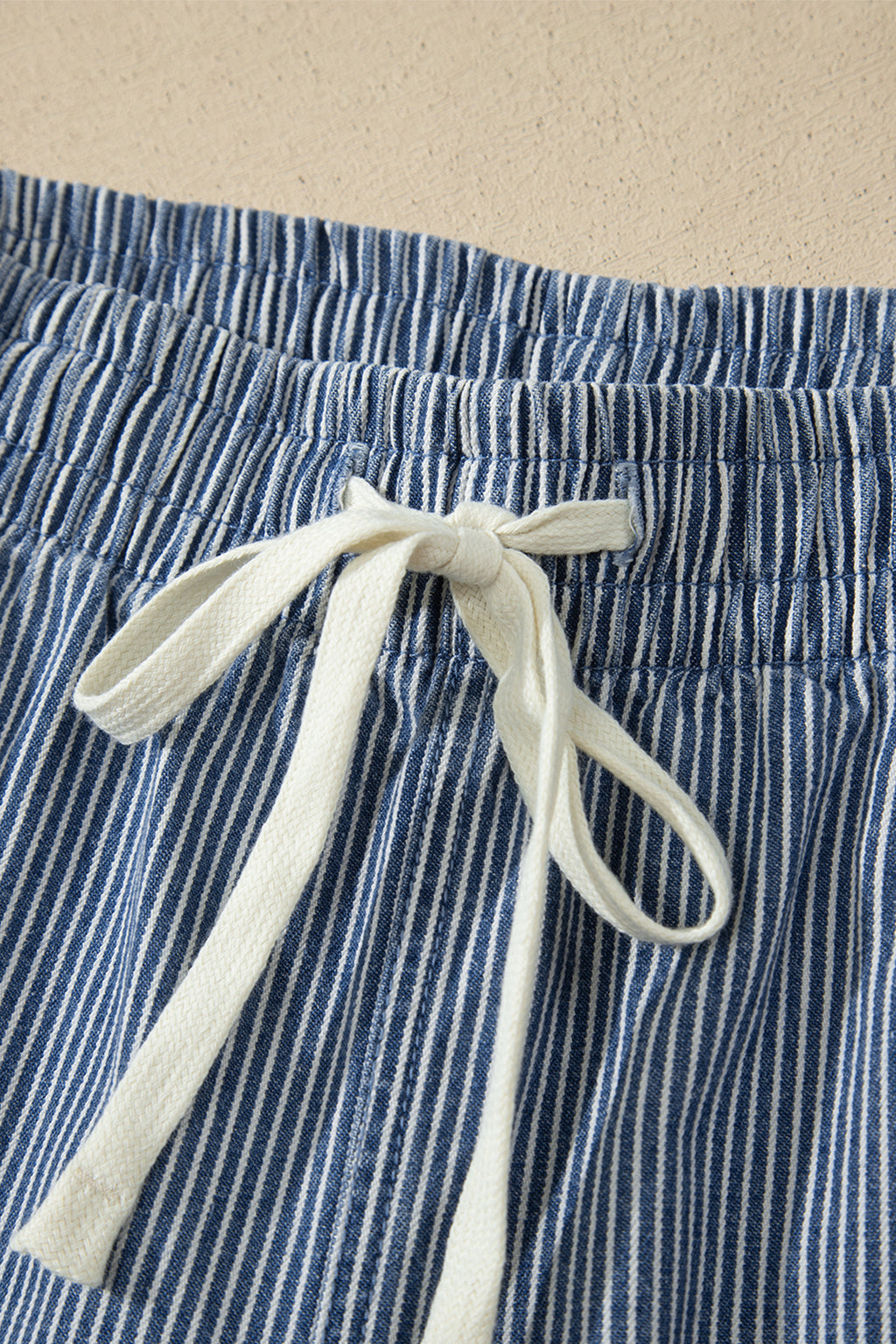 Blue Stripe Casual Denim Shorts With Drawstring Elastic Waist