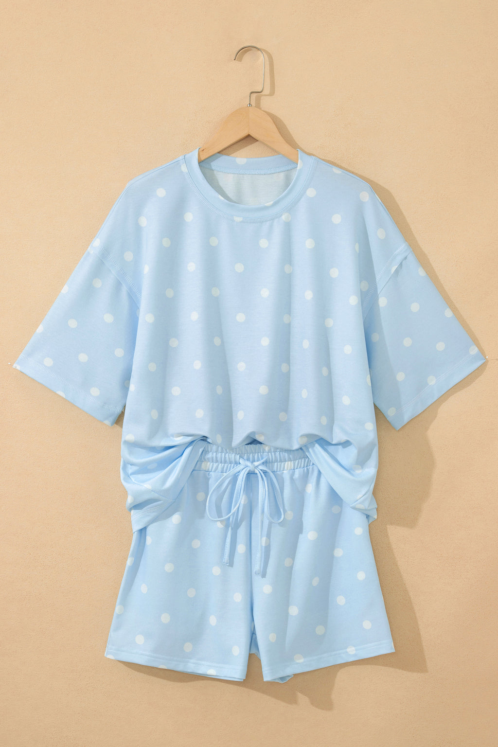 Sky Blue Exposed Seam Detail Polka Dot Loose Tee & Drawstring Shorts 2pc Set
