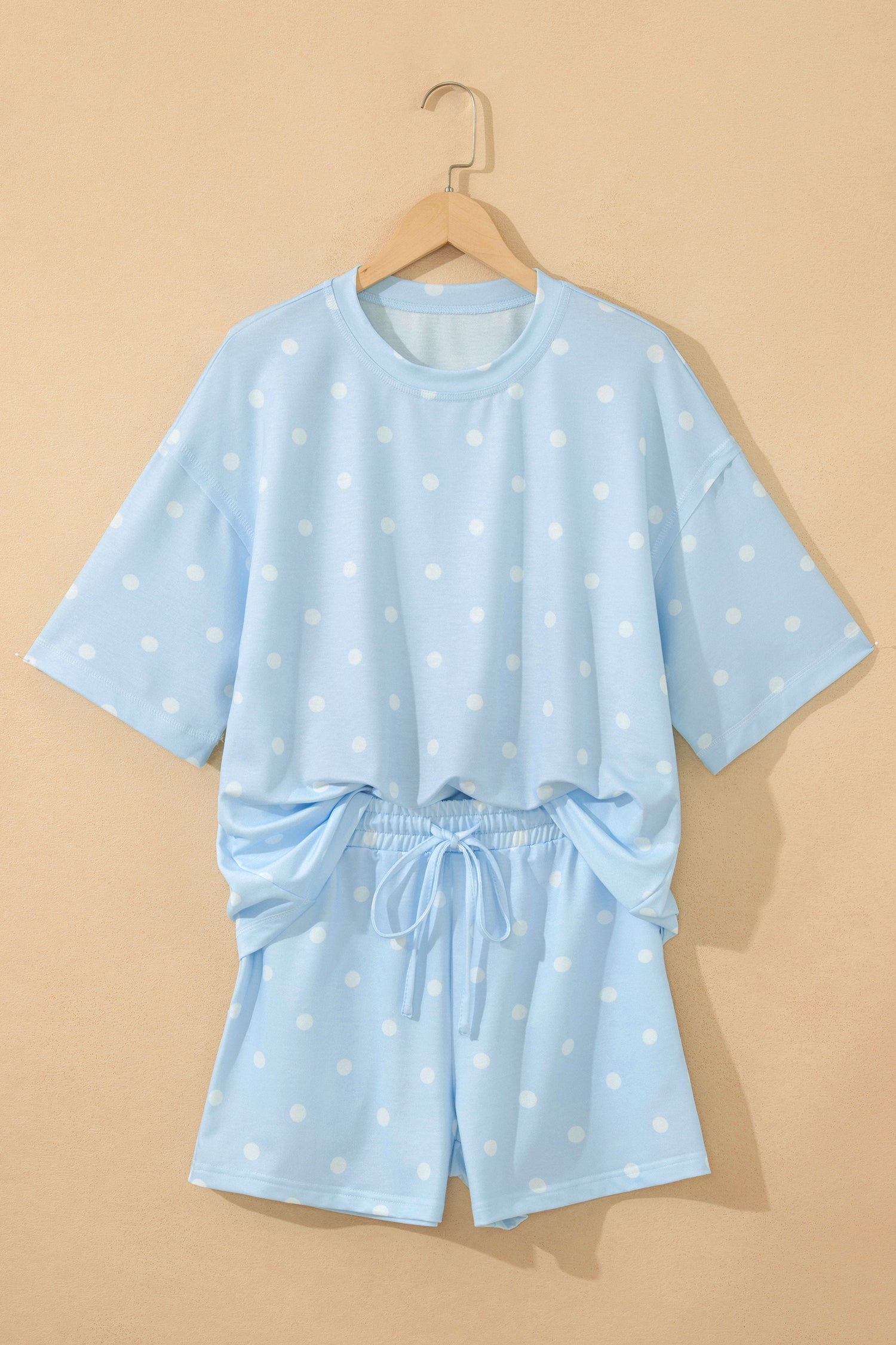 Sky Blue Exposed Seam Detail Polka Dot Loose Tee & Drawstring Shorts 2pc Set