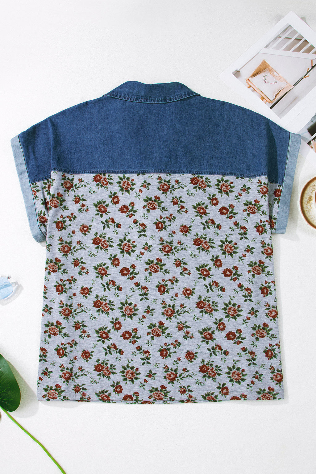 Plus size Gray Retro Floral Print & Denim Patchwork Polo Tee