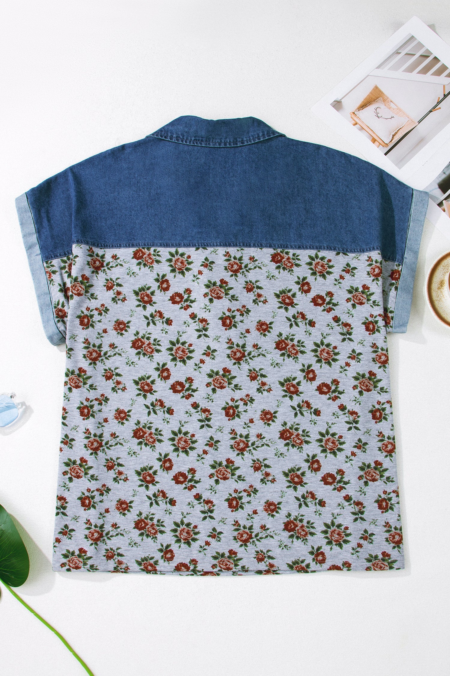 Plus size Gray Retro Floral Print & Denim Patchwork Polo Tee