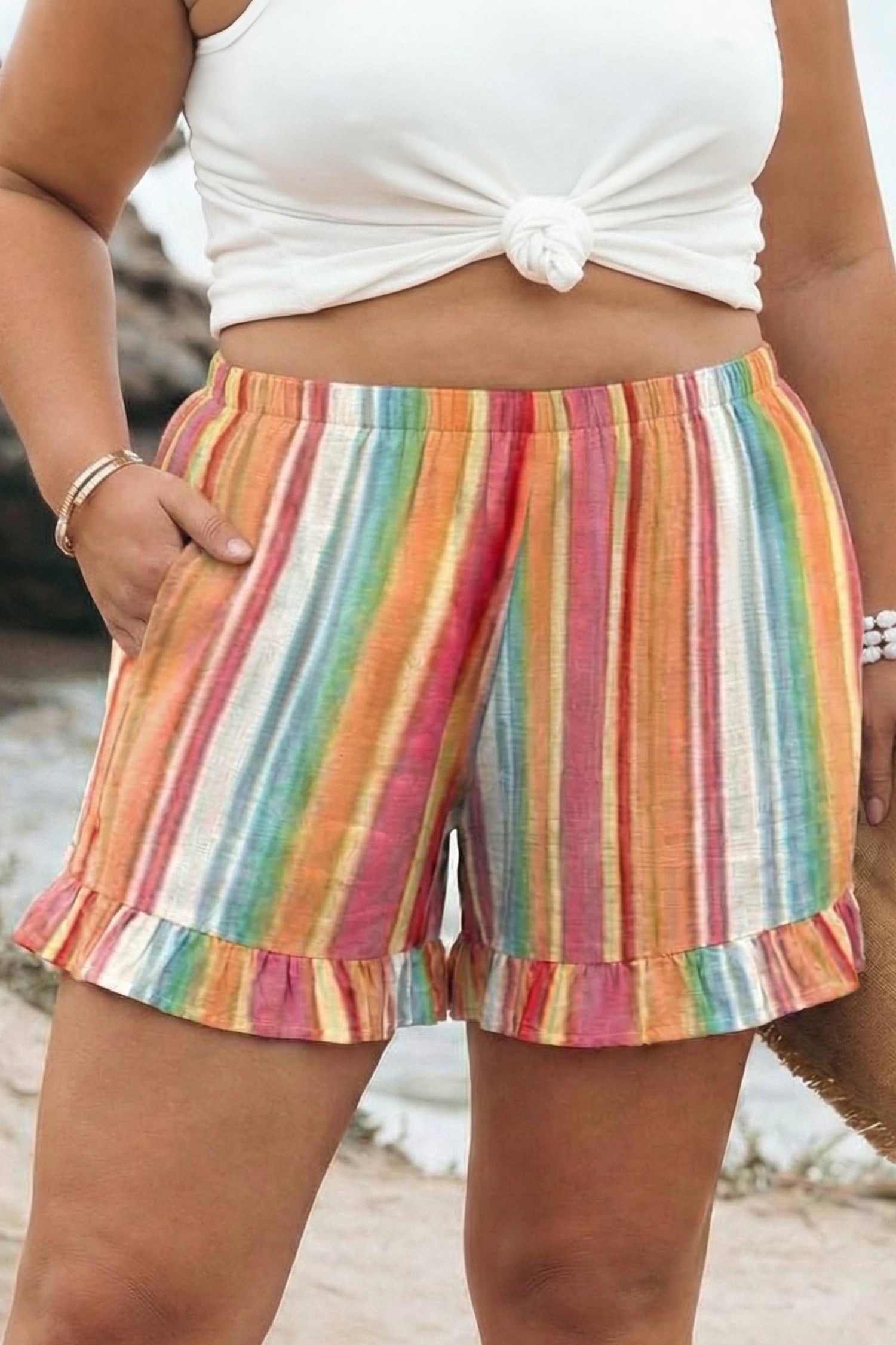 Plus Size Orange Stripe Ruffle Hem Shorts With Elastic Waste