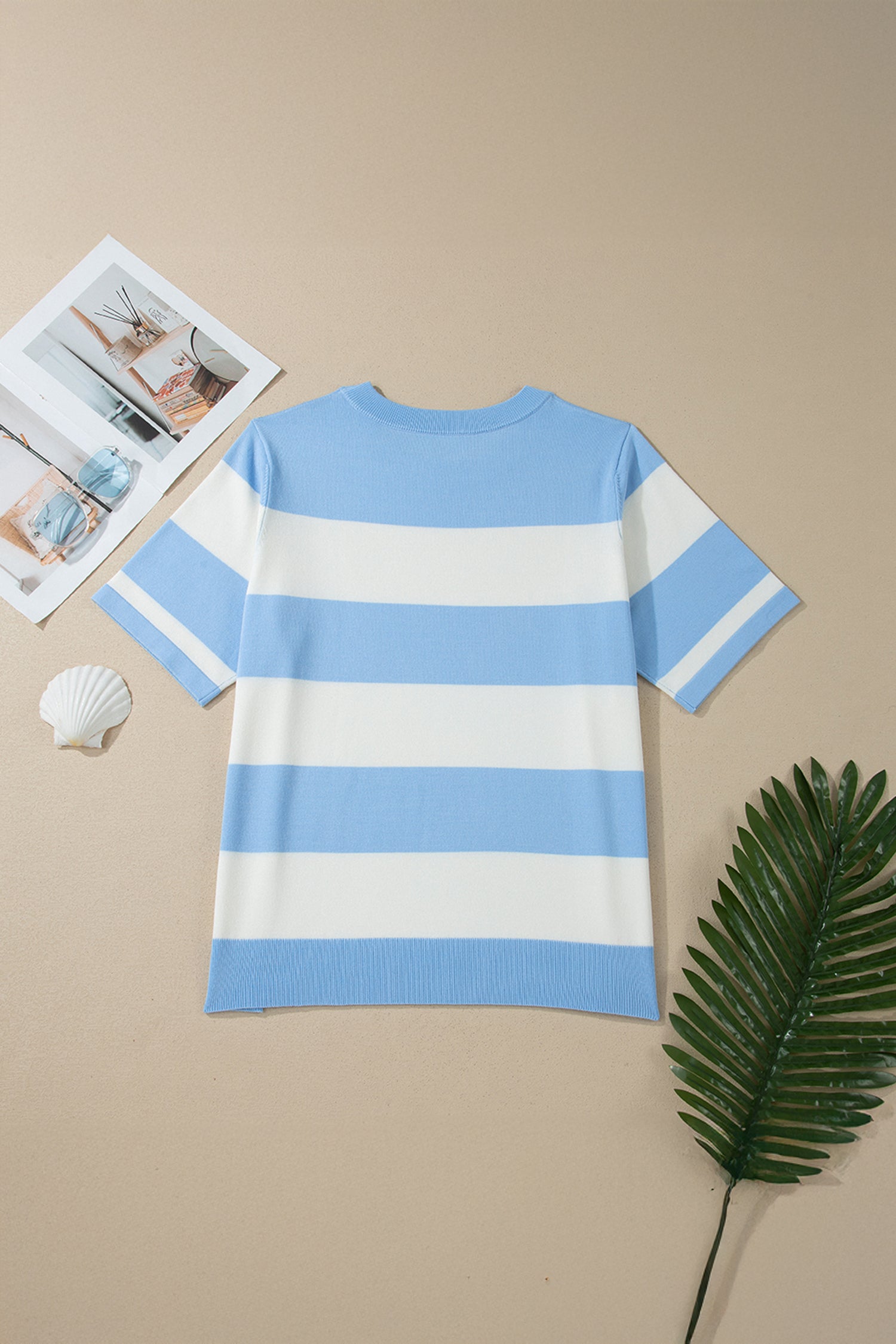 Plus Size Sky Blue Stripe Short Sleeve Sweater