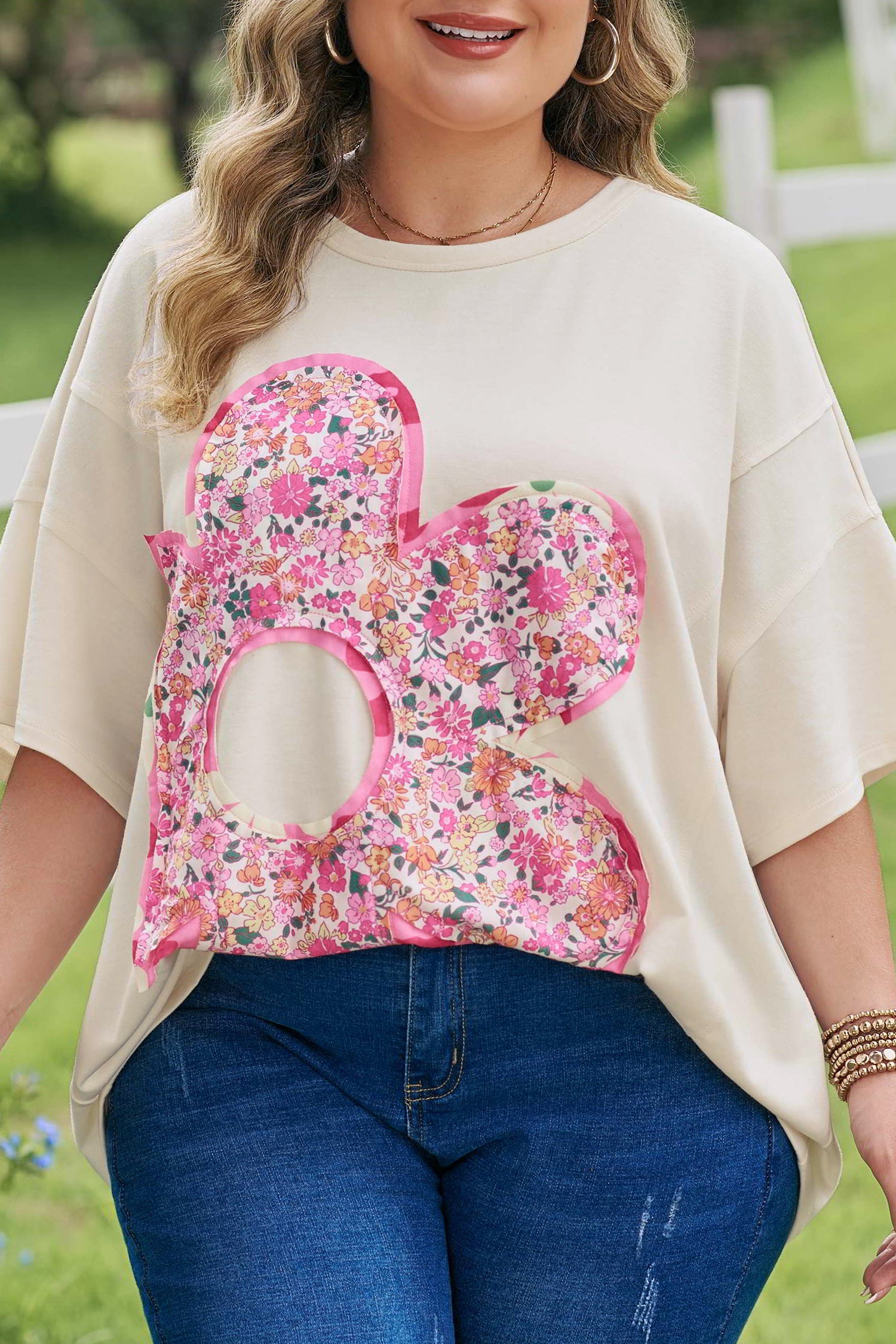 Plus Size Big Flower Patched Tunic Tee