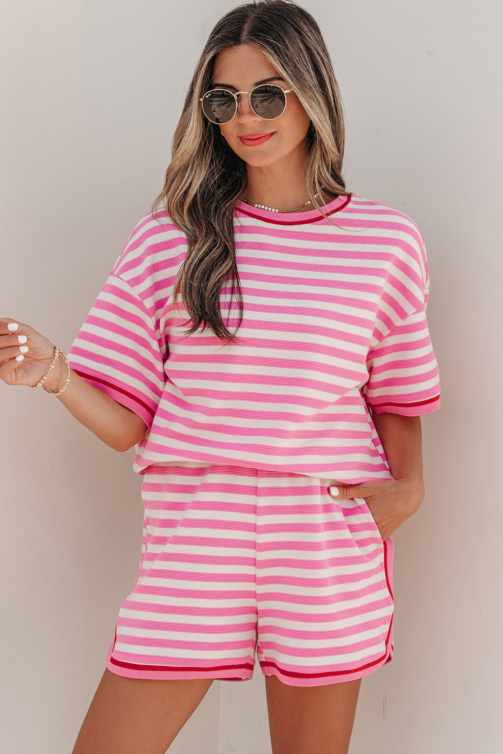Pink Stripe Short Sleeve Top & Loose Shorts 2pcs Casual Outfit