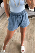 Dusk Blue Smocked Denim Shorts With Elastic Waist