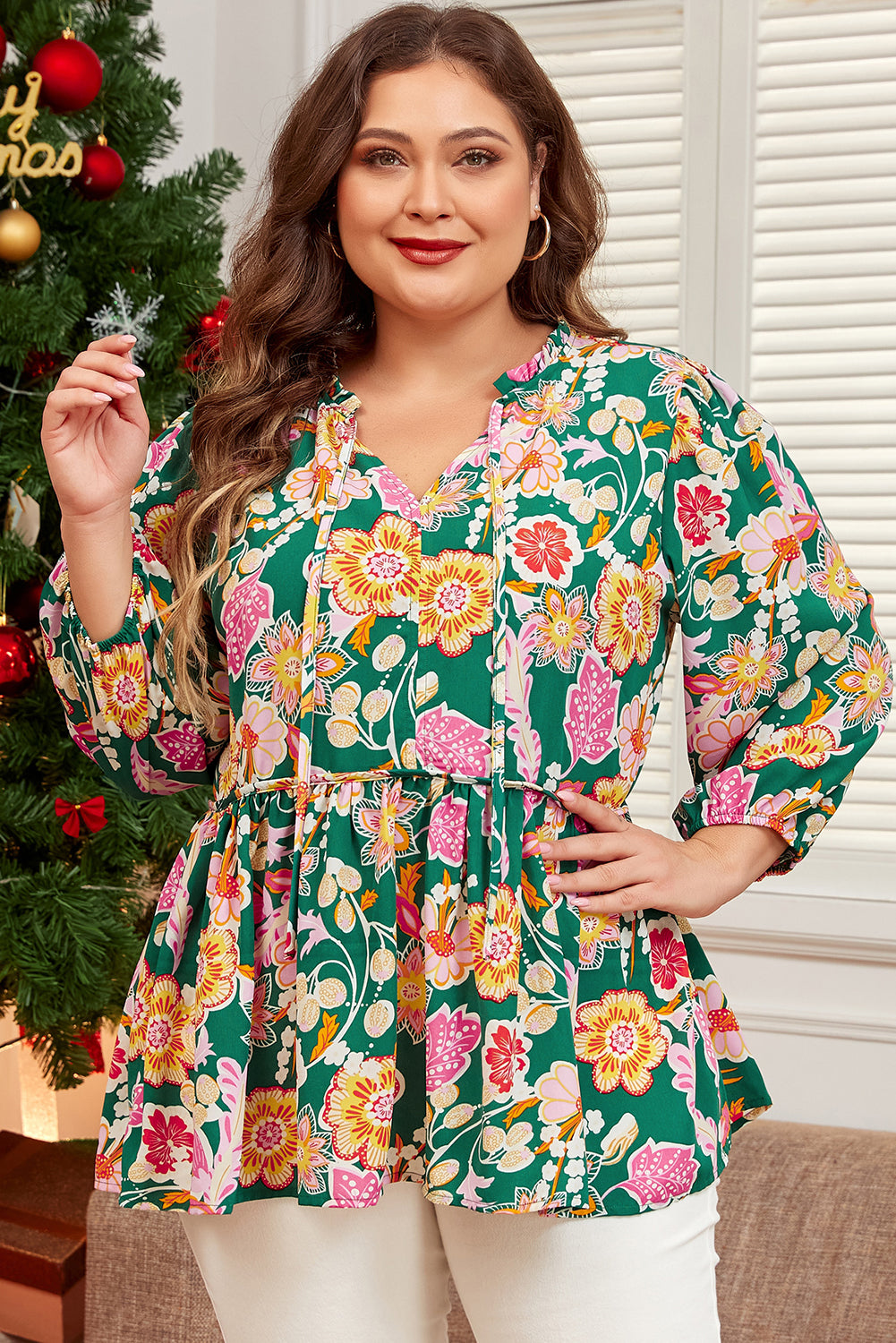 Plus Size Green Floral Print Long Sleeve V-Neck Babydoll Top