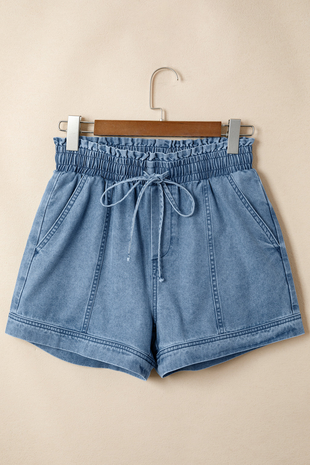 Dusk Blue Smocked Denim Shorts With Elastic Waist