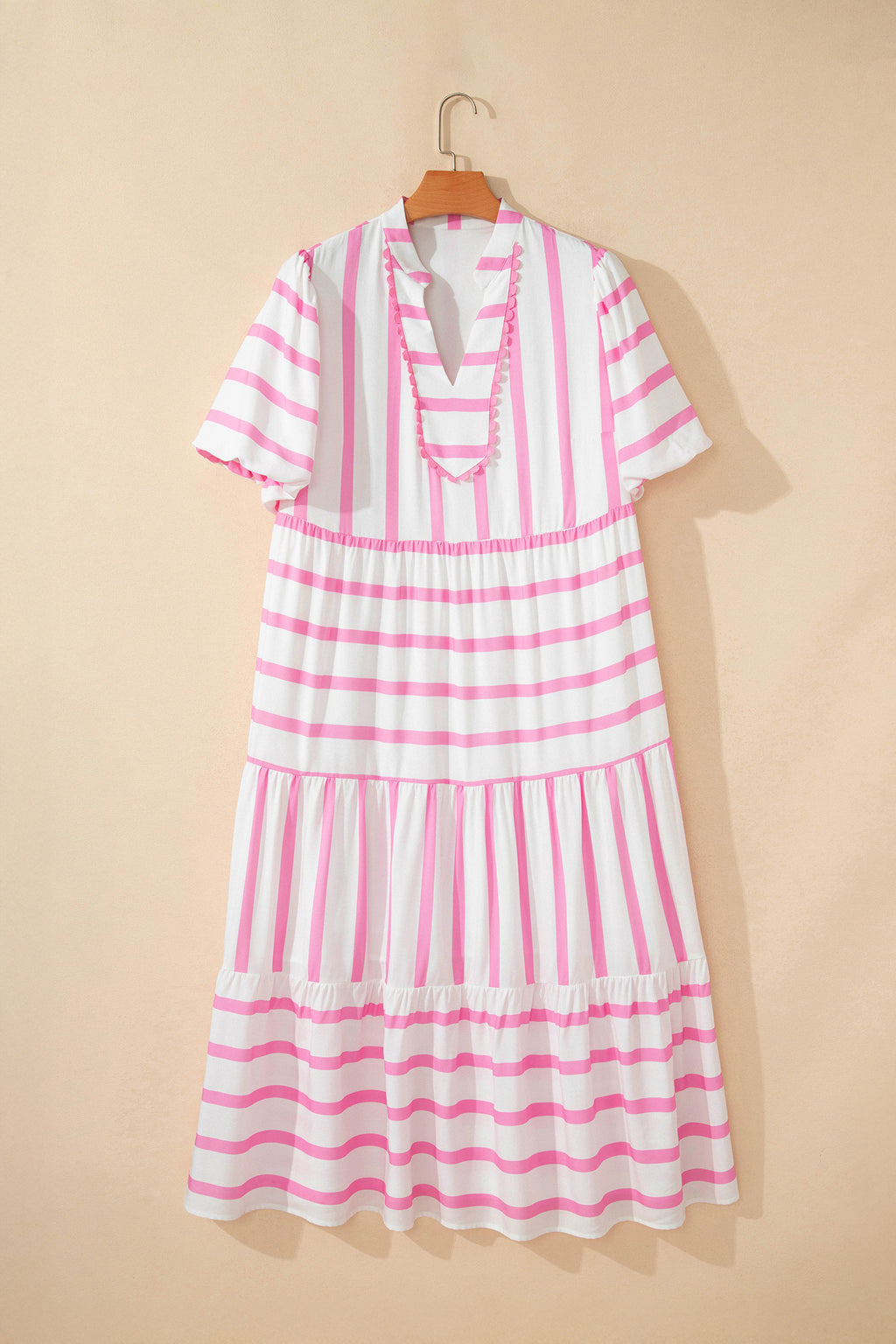 Plus Size Pink Stripe Tiered Maxi Dress With V Neck & Short Puff Sleeves