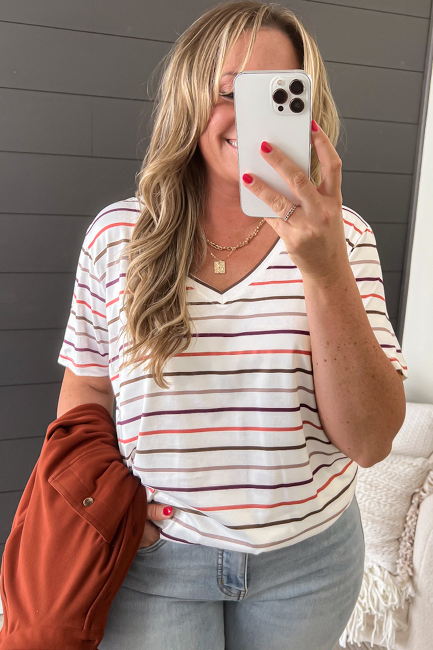 Plus Size White Stripe V-Neck Casual Tee