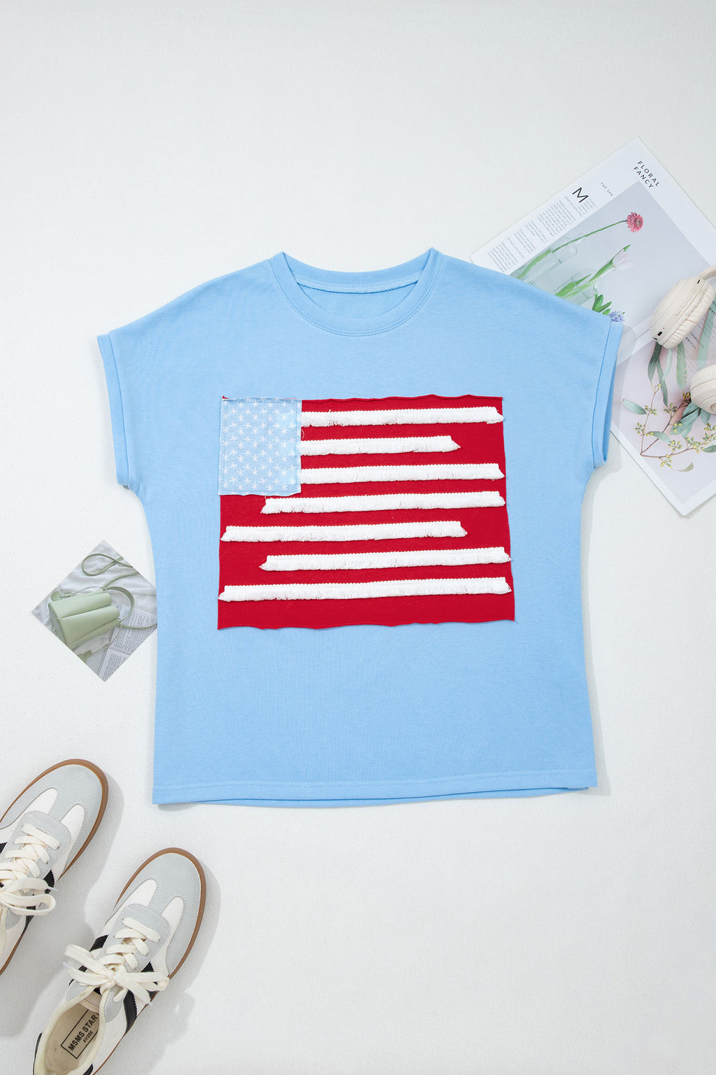Mist Blue USA Flag Tee With Textured Patchwork Cap Sleeves