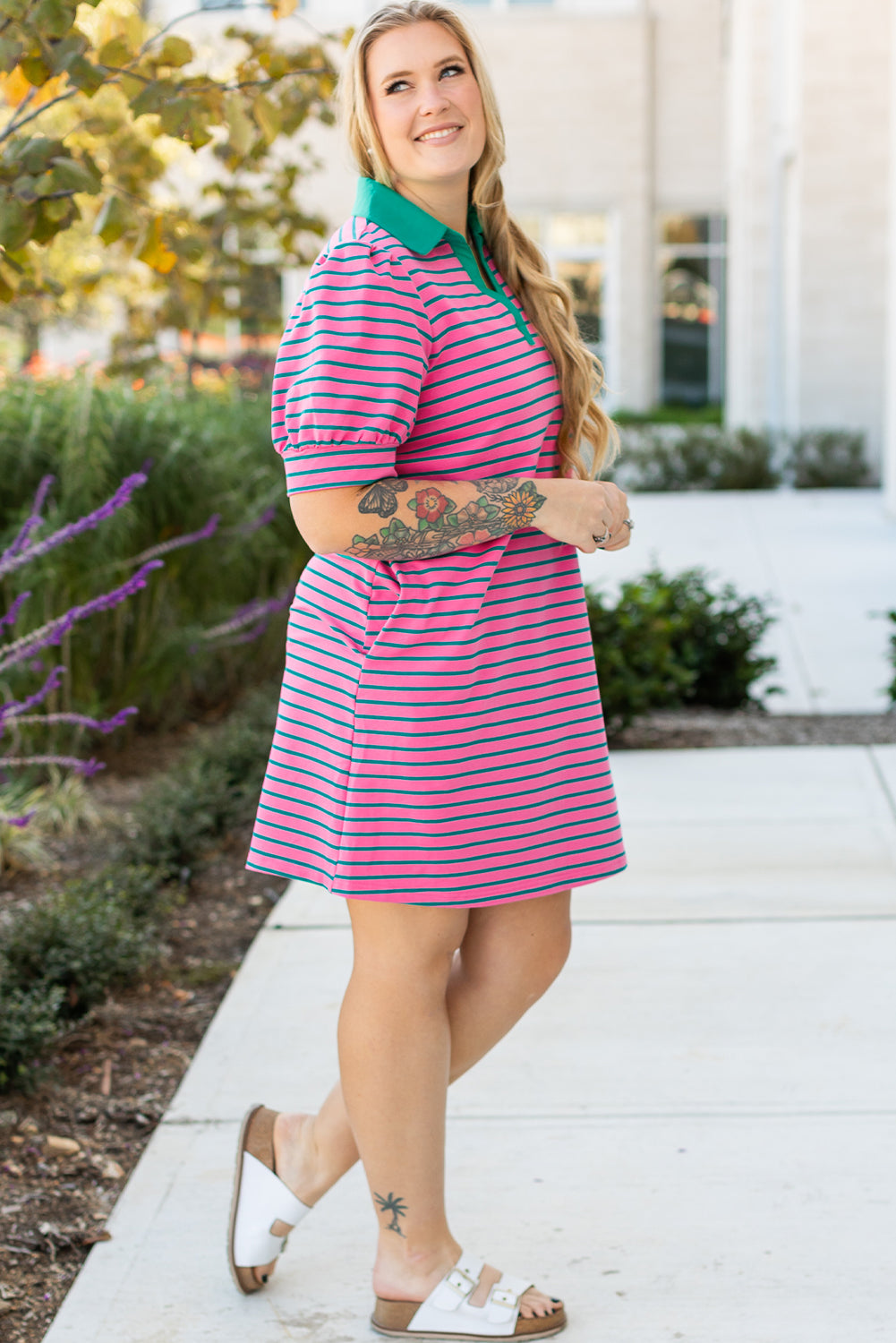 Plus Size Rose Stripe Collared      V-Neck T-Shirt Dress with Puff Sleeves & Pockets