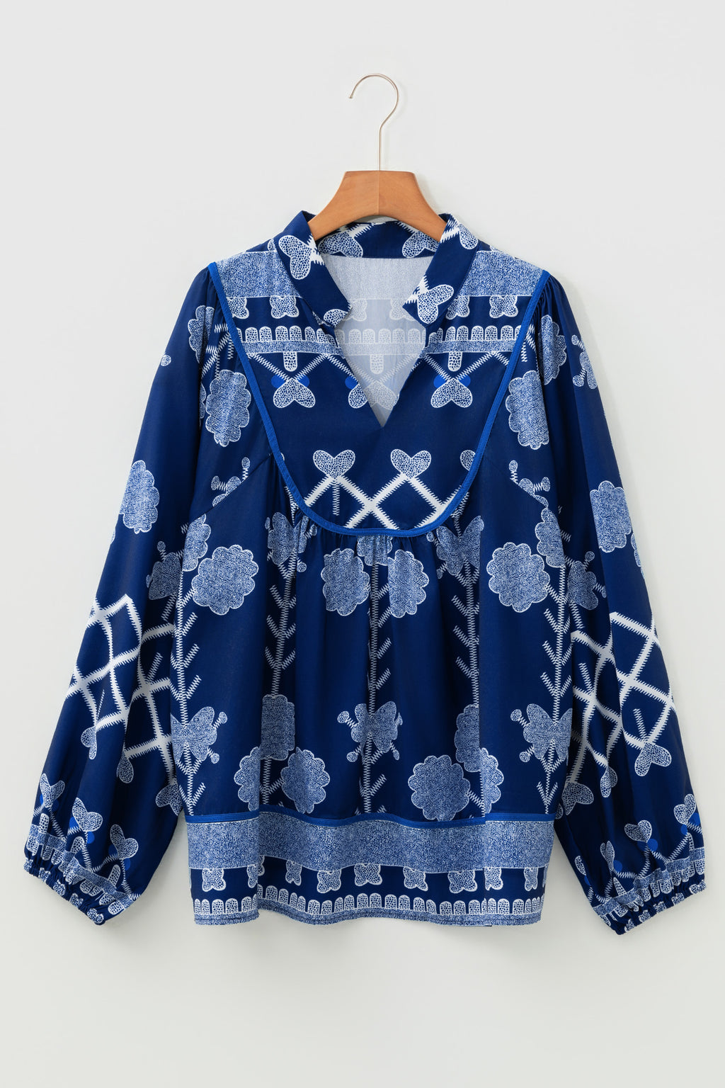 Plus Size Blue Notched Neck Floral Print Long Sleeve Blouse
