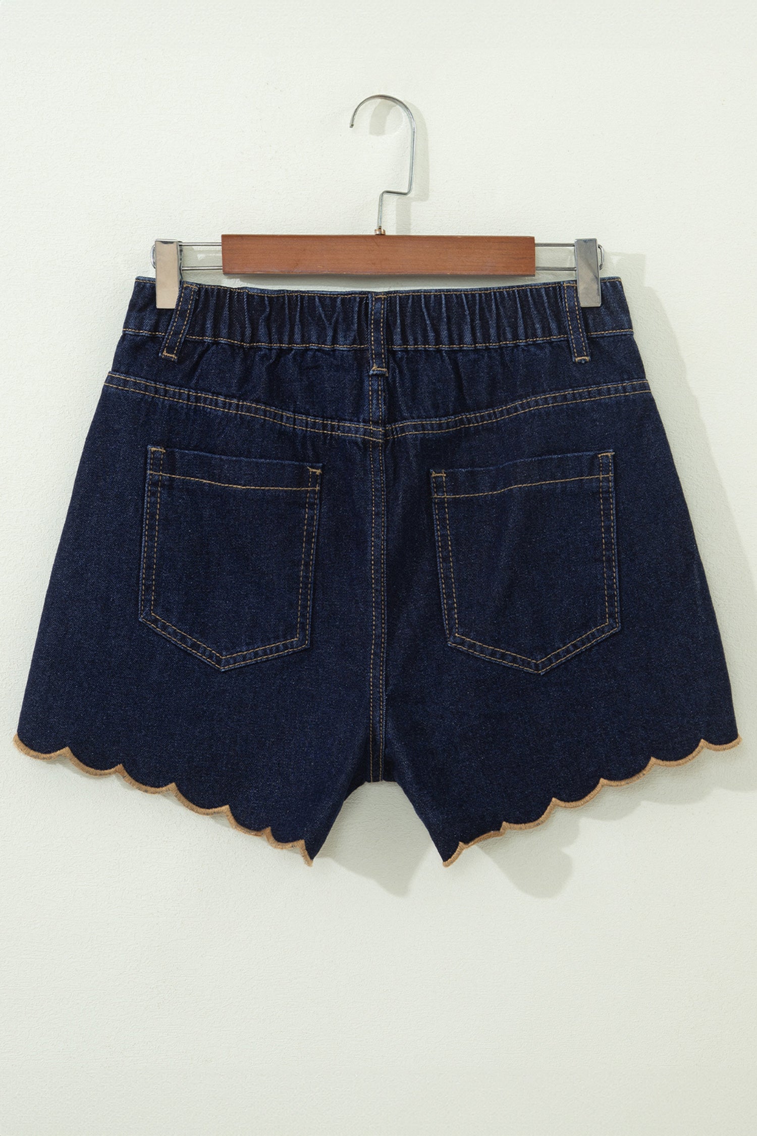 Navy Blue Relaxed Denim Shorts With Embroidered & Scalloped Trim