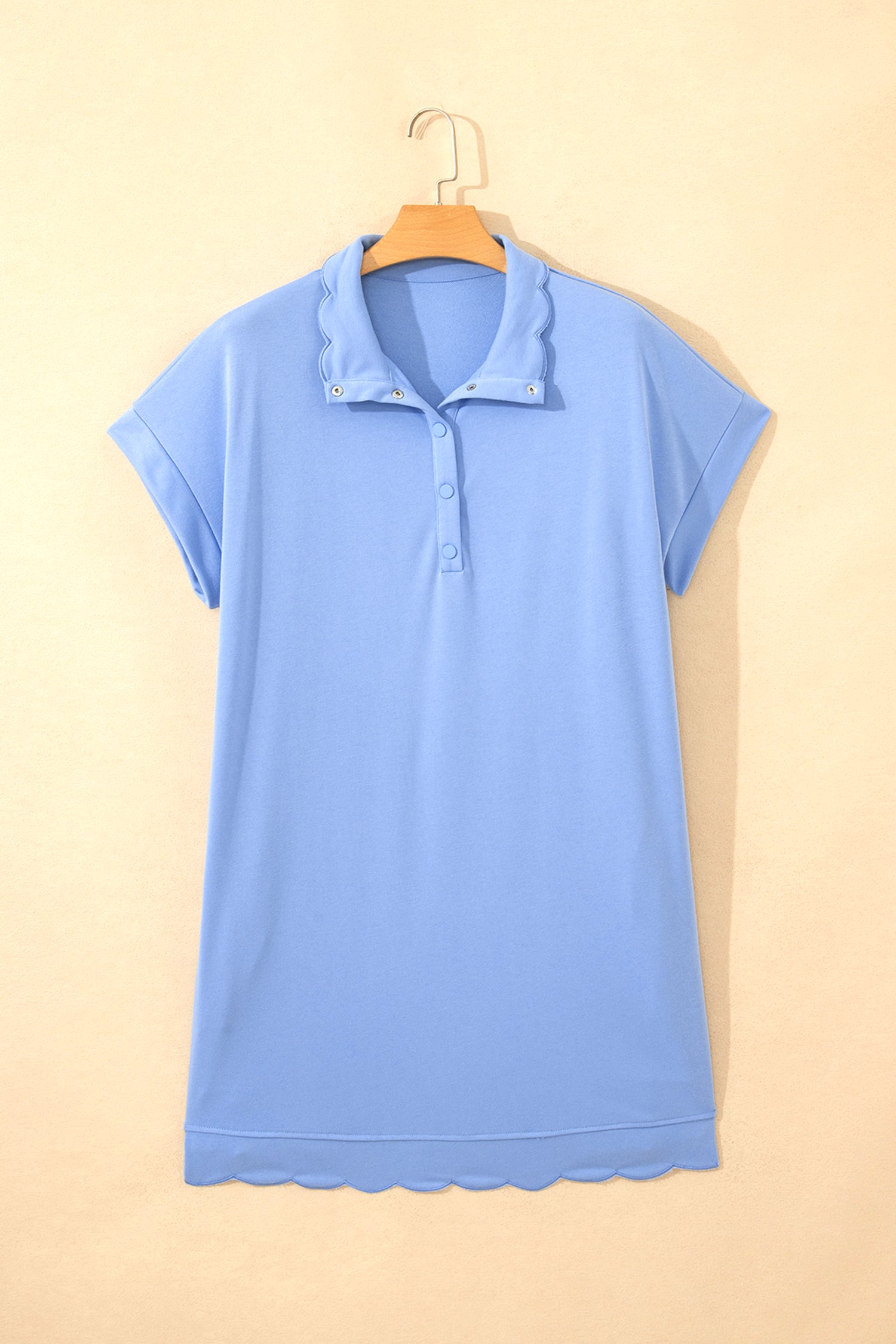 Plus Size Beau Blue Pullover Mini Dress With Scalloped Hem & Button Neck