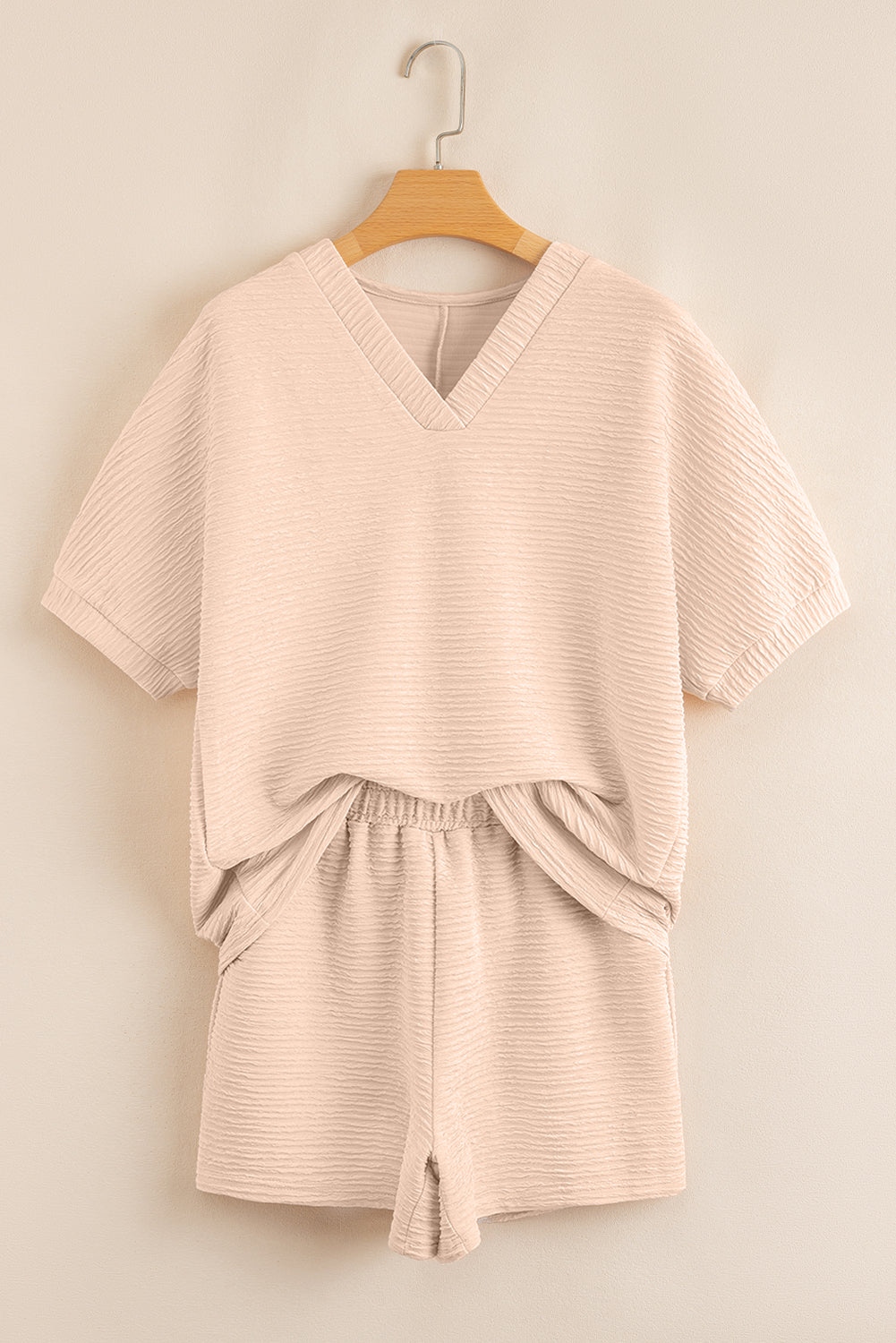 Apricot Textured V- Neck Tee and Shorts Set