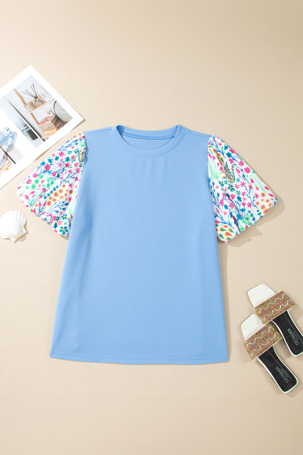 Plus Size Light Blue Textured Bodice Top With Contrast Floral Sleeves