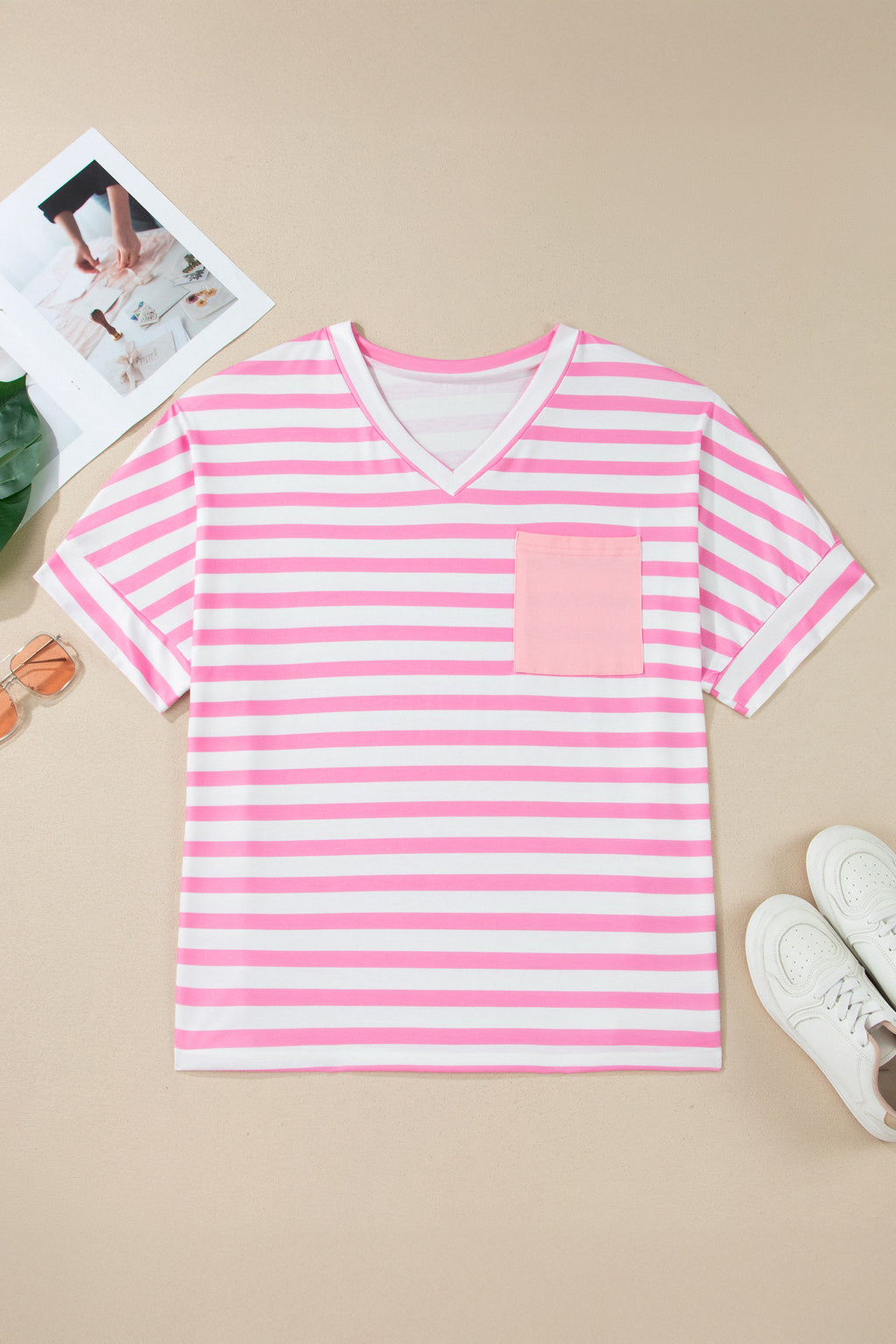 Plus Size Pink Stripe Colorblock Patched Pocket V Neck Tee