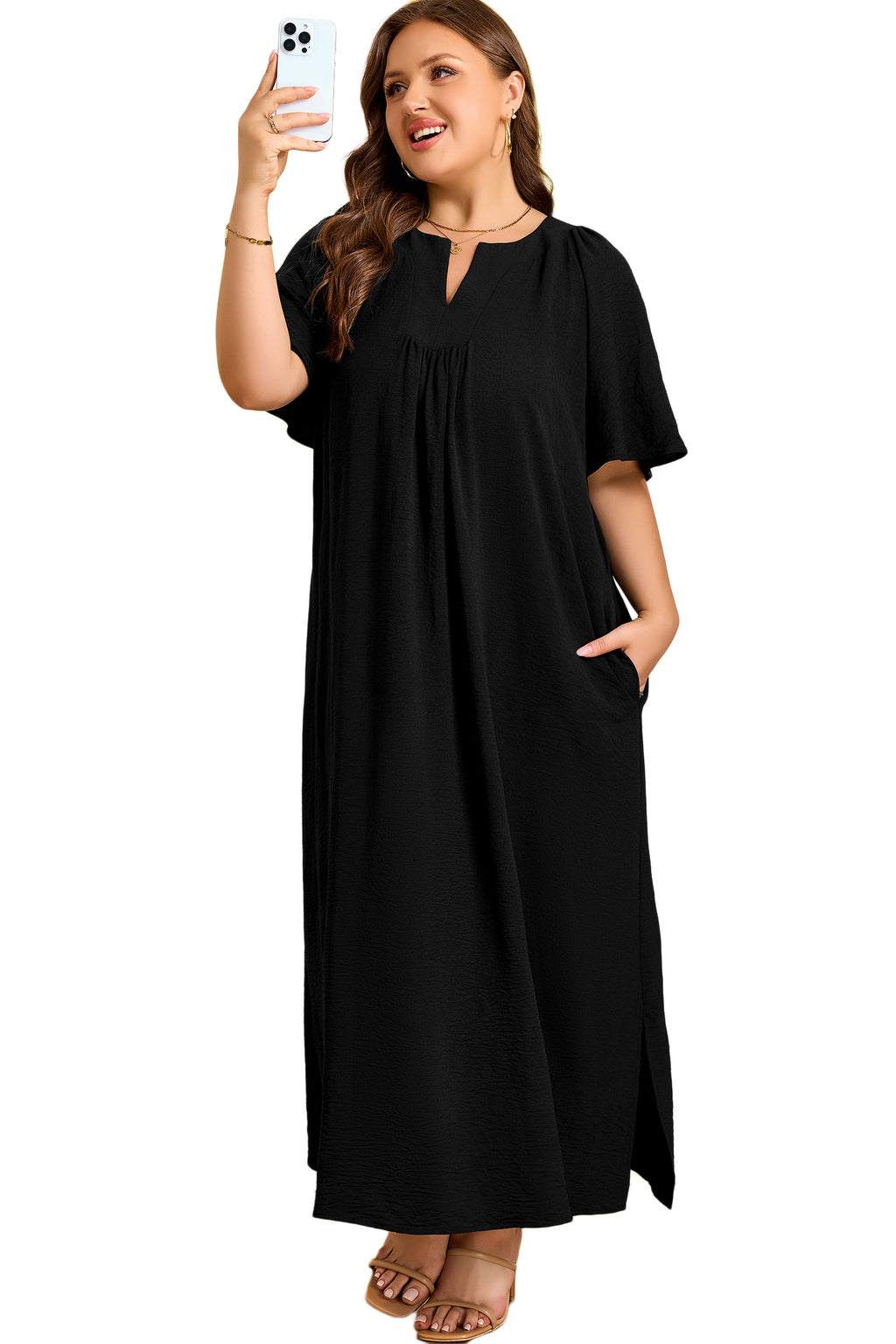 Plus Size Black Notched Neck Short Sleeve Dress